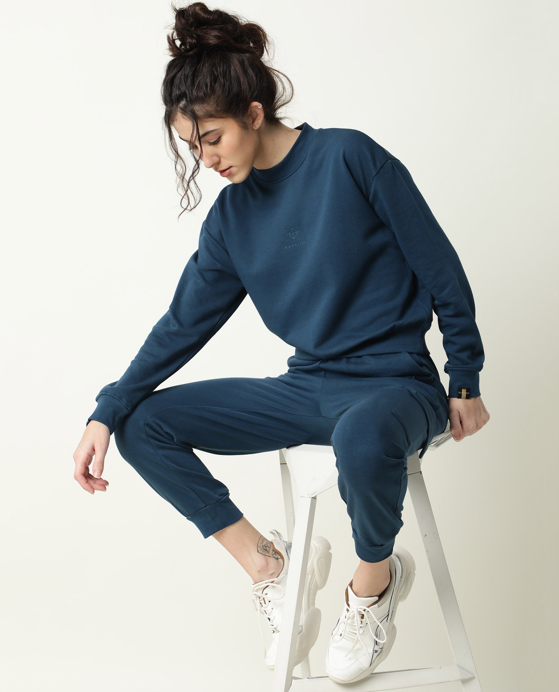 Rareism Women Necker Petrol Relaxed Fit Full Sleeves Solid High Neck Sweatshirt