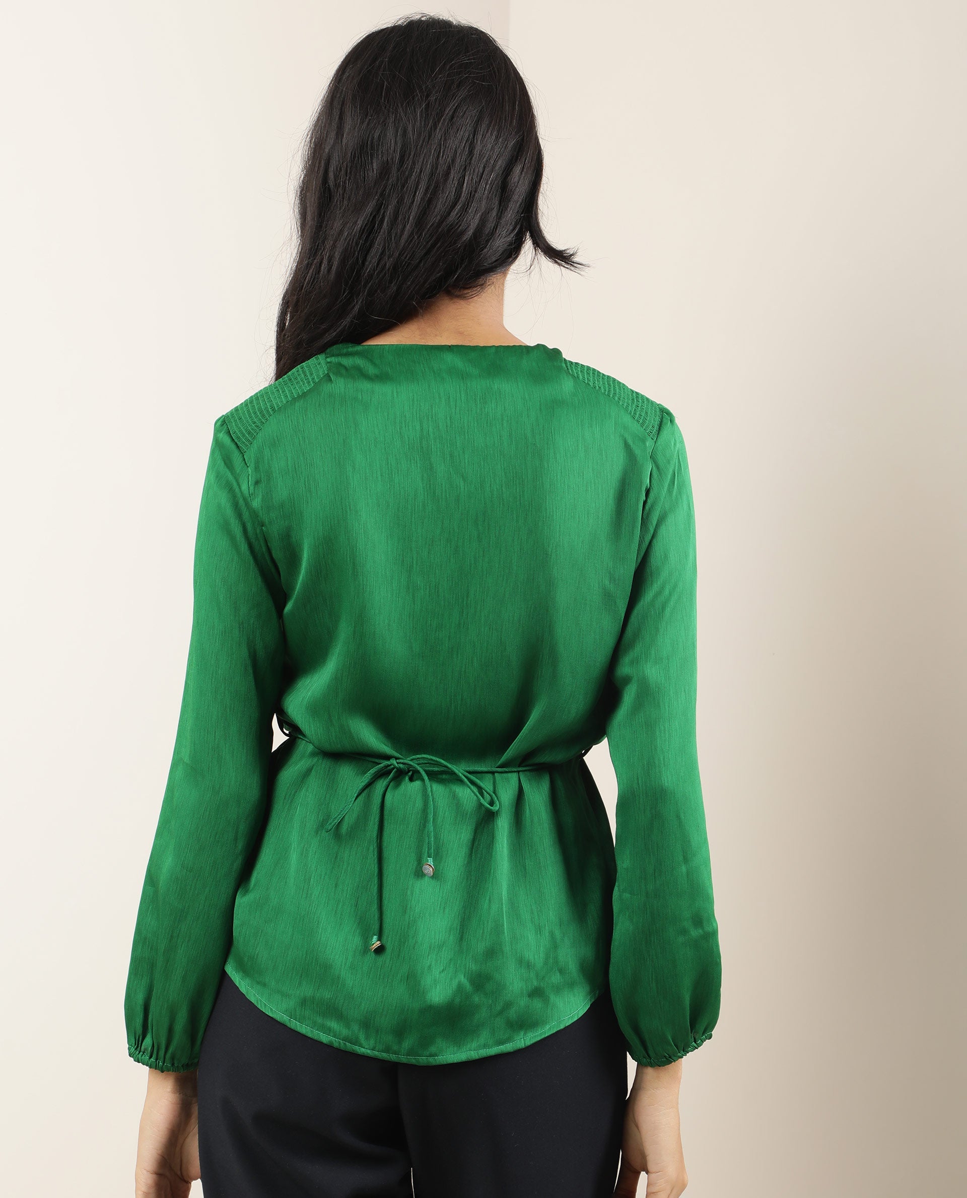 Rareism Womens Dronite Green Top Polyester Fabric Full Sleeve V Neck