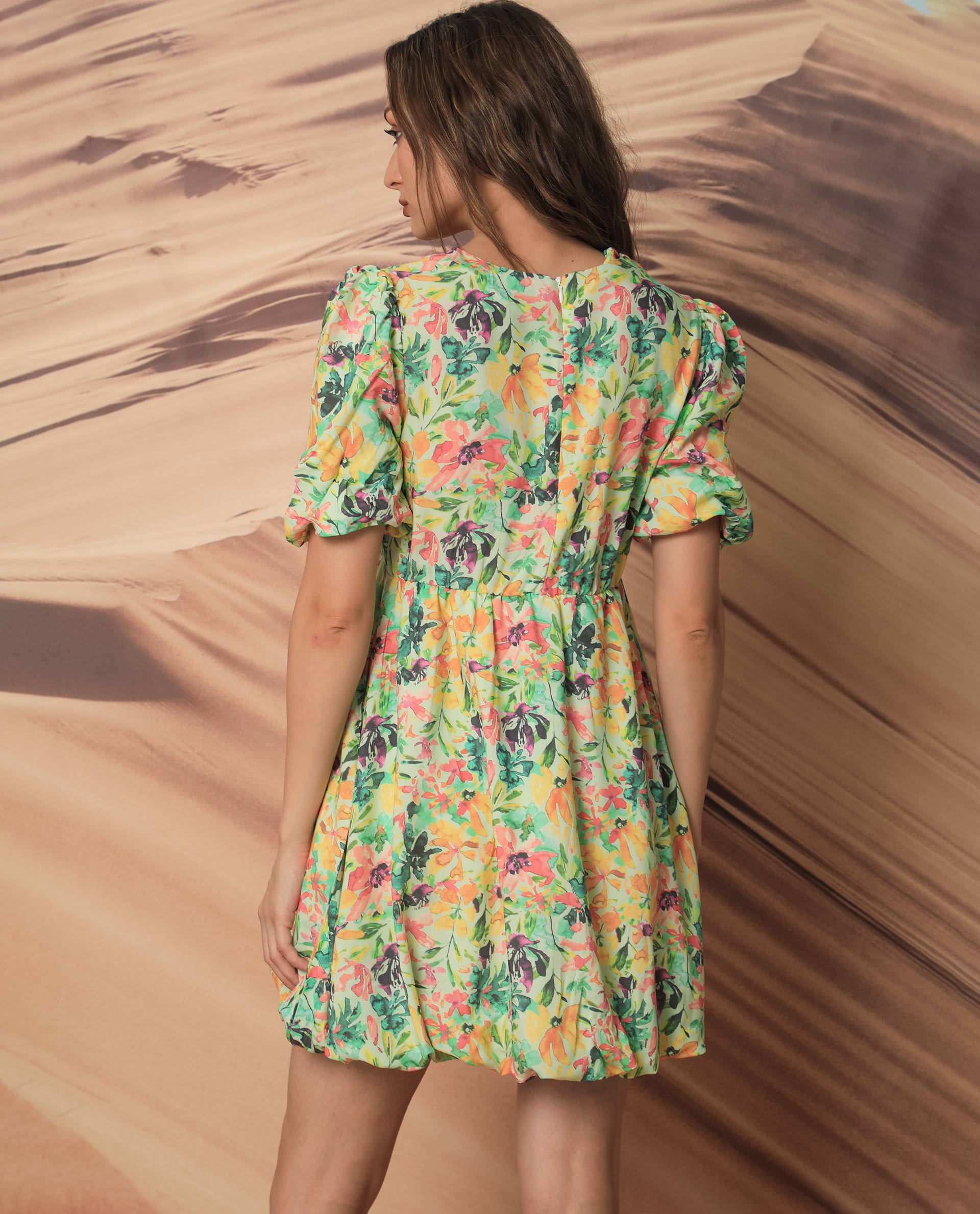 Rareism Women Erasea Multi Viscose Fabric Short Sleeves Round Neck Balloon Sleeve Relaxed Fit Floral Print Knee Length Dress