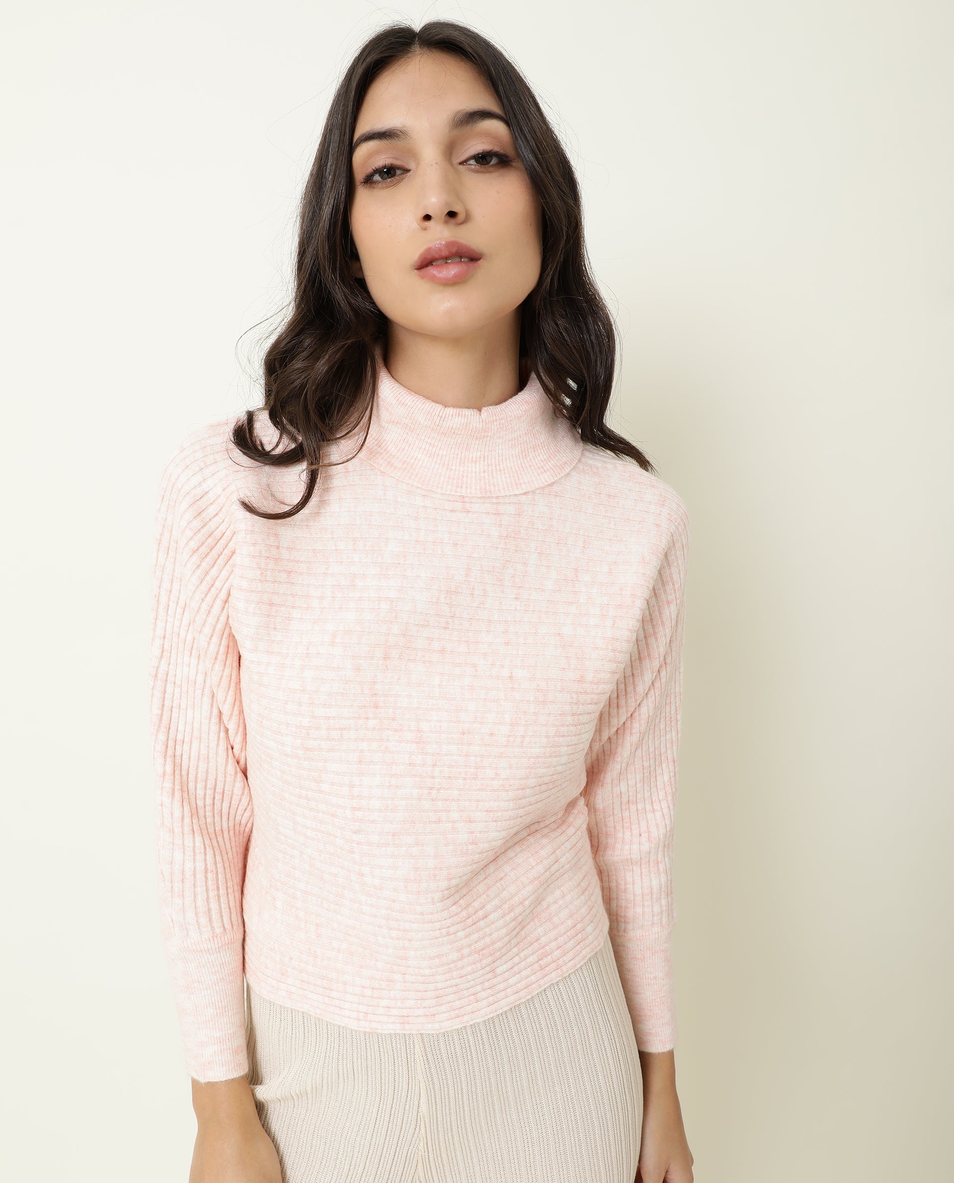 Rareism Women Levour Melange Pink Acrylic Fabric Full Sleeves Relaxed Fit Solid Turtle Neck Sweater