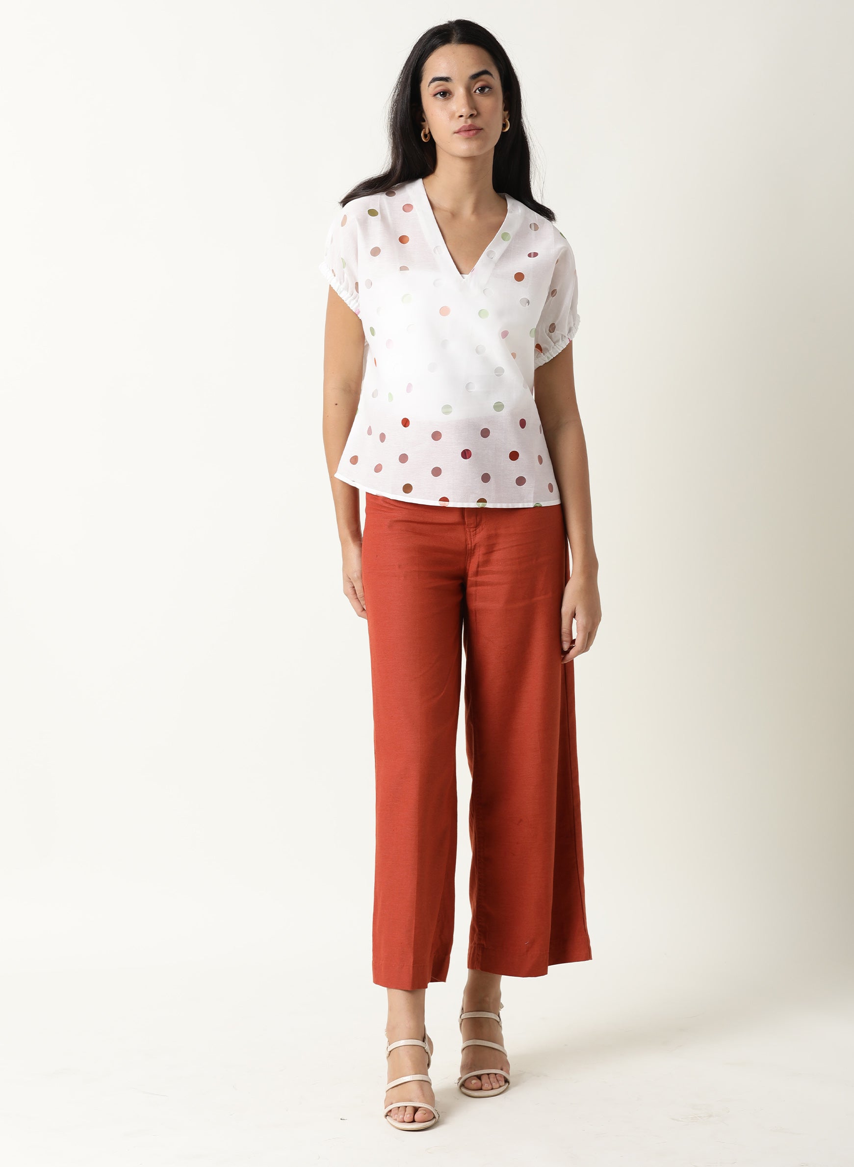 Rareism Womens Misan White Top Polycotton Fabric Regular Fit Extended Sleeves V Neck