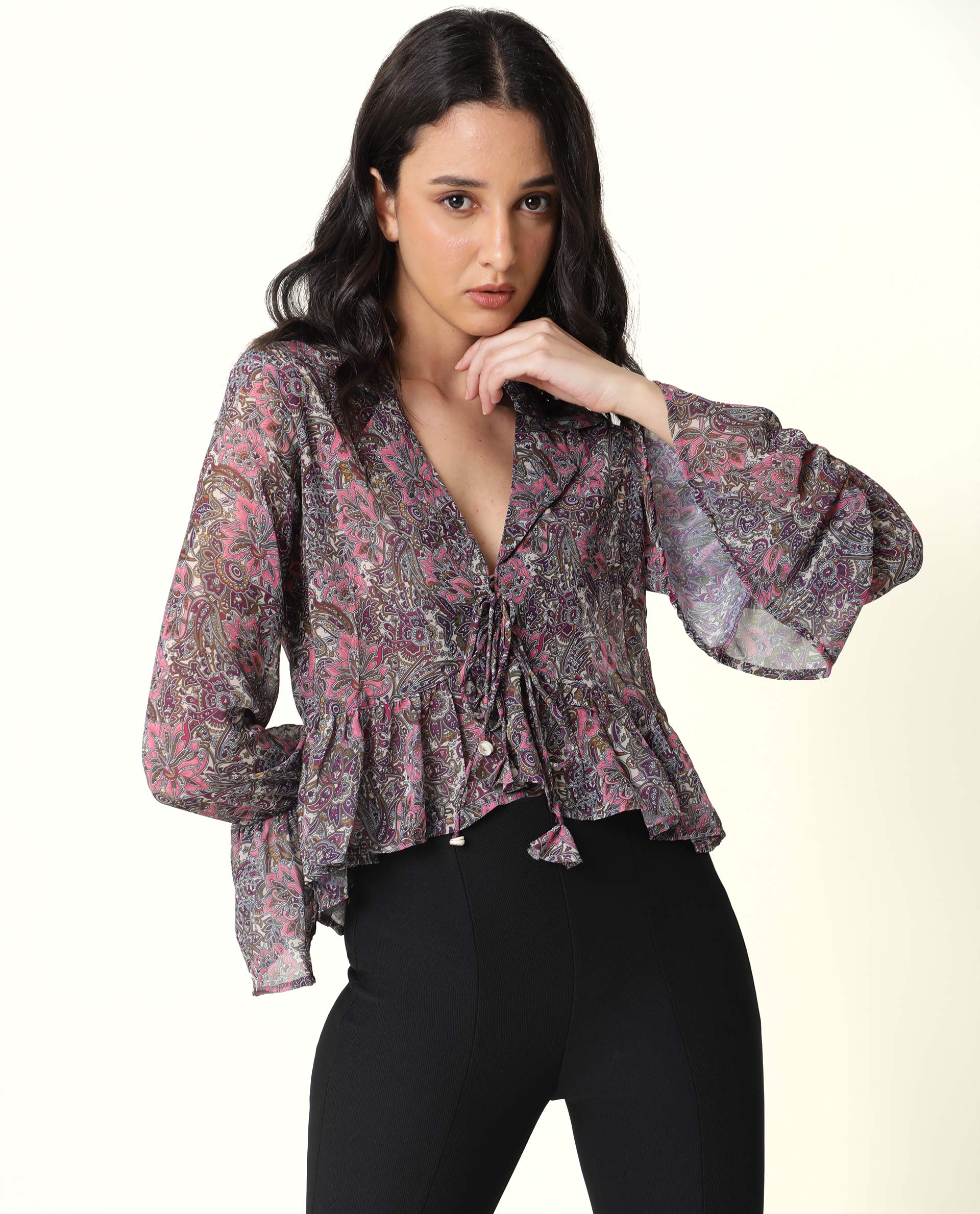 Rareism Women Hill Pink Shrug Polyester Fabric Full Sleeves Drawstring Closure Solid