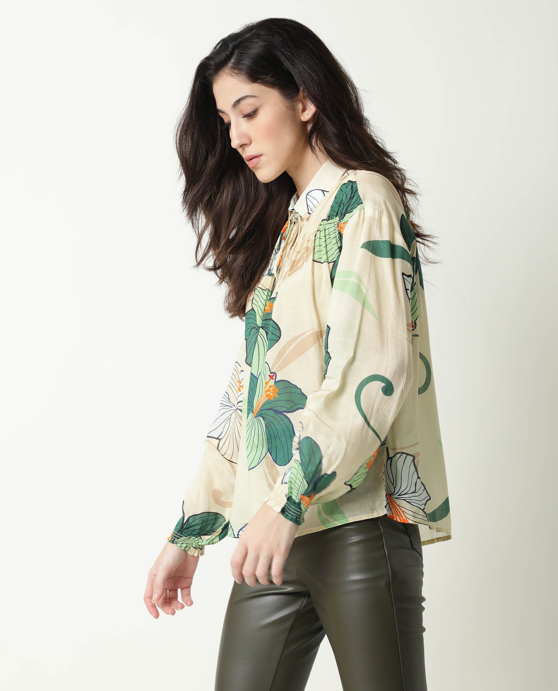 Rareism Womens Kalina Off White Top Cotton Silk Fabric Full Sleeve Key Hole Neck
