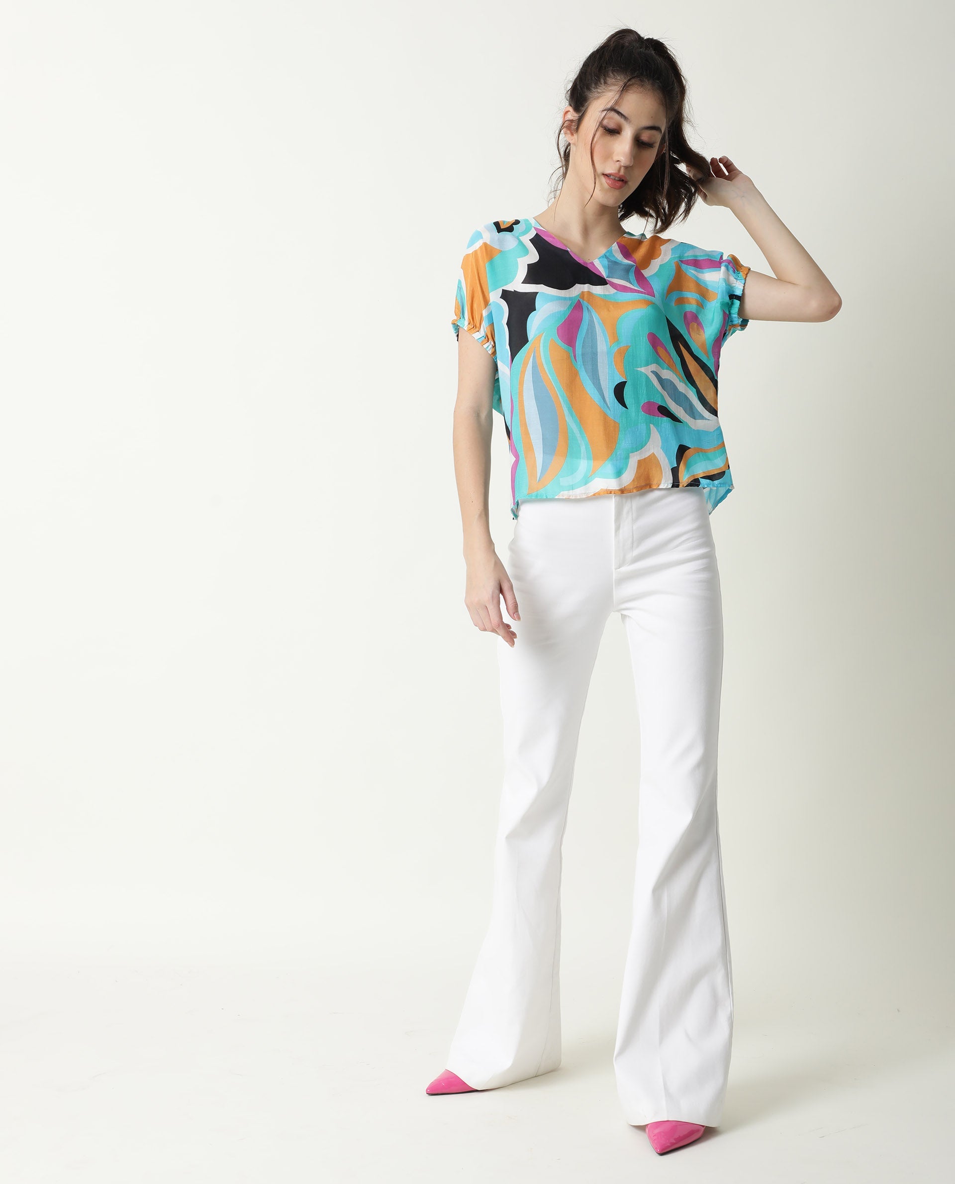 Rareism Women Maverick Multi Cotton Silk Fabric Relaxed Fit V-Neck Half Sleeves Abstract Print Top