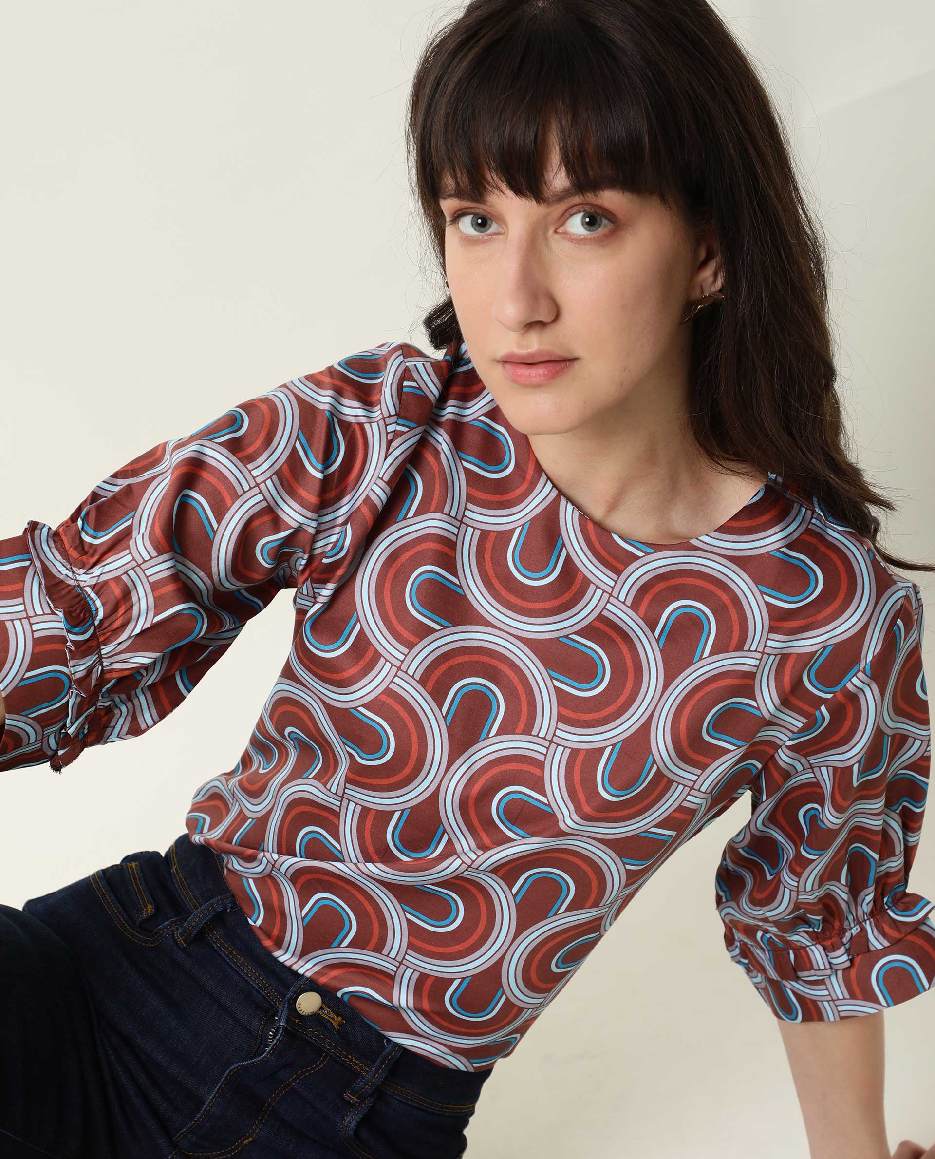 Rareism Women Jimmi Brown Cotton Fabric Regular Fit Round Neck Half Sleeves Print Top