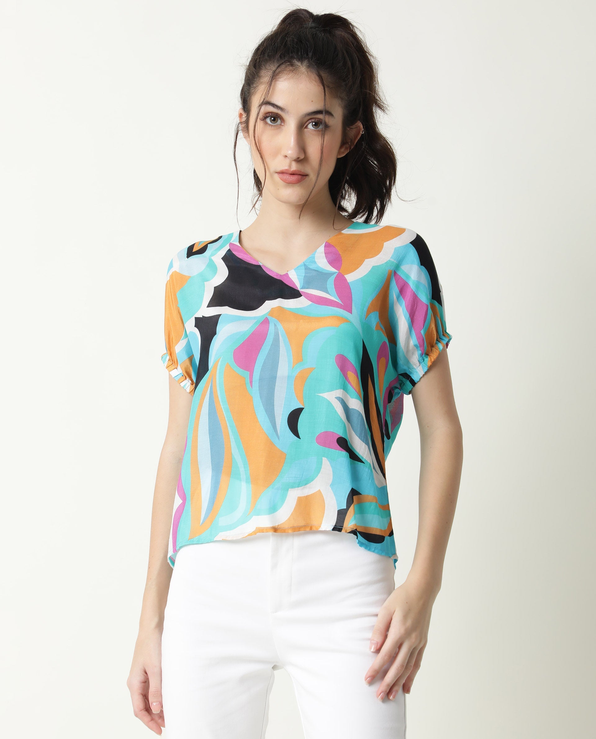 Rareism Women Maverick Multi Cotton Silk Fabric Relaxed Fit V-Neck Half Sleeves Abstract Print Top