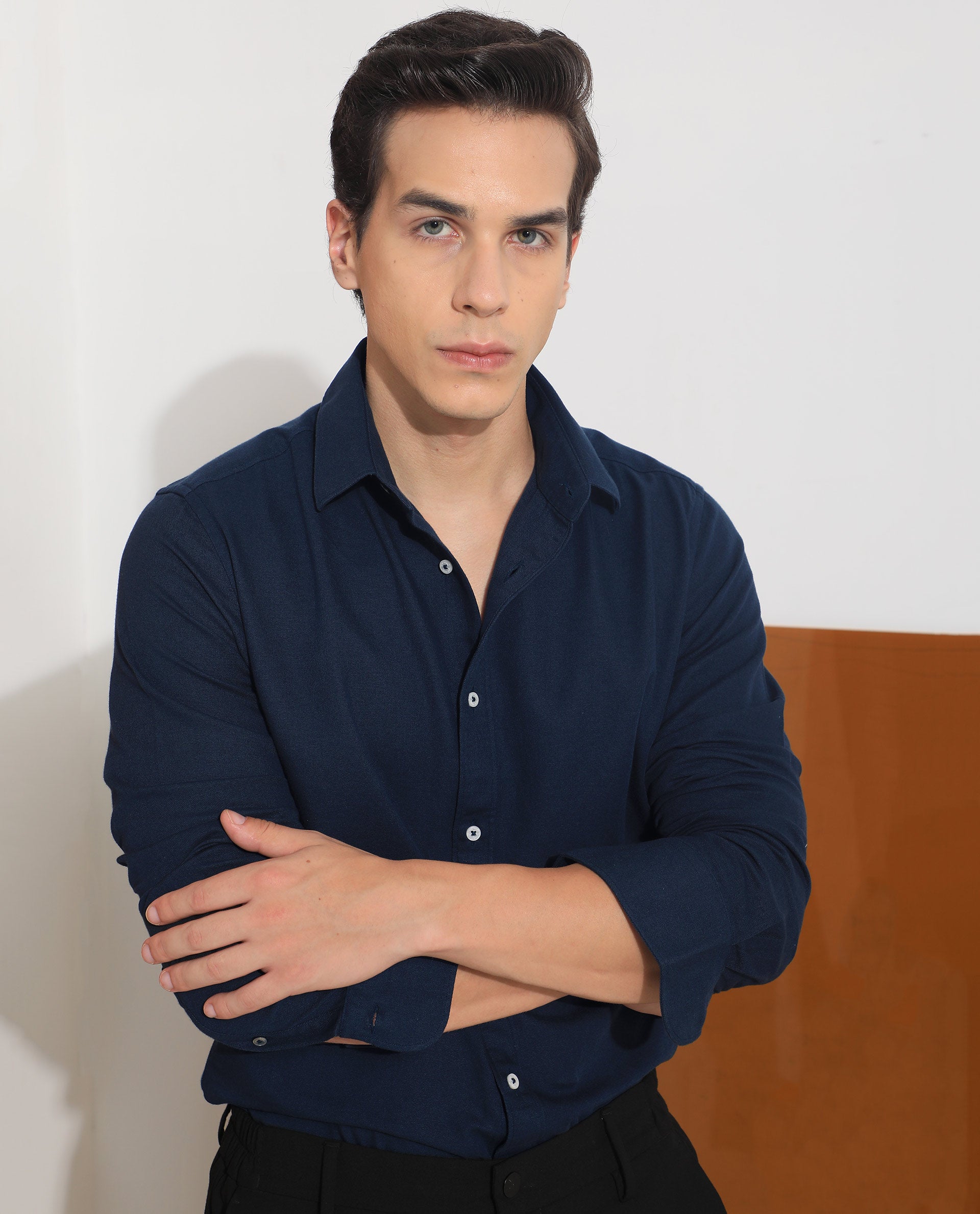 Rare Rabbit Mens Otago Navy Cotton Fabric Full Sleeves Regular Fit Solid Twill Shirt