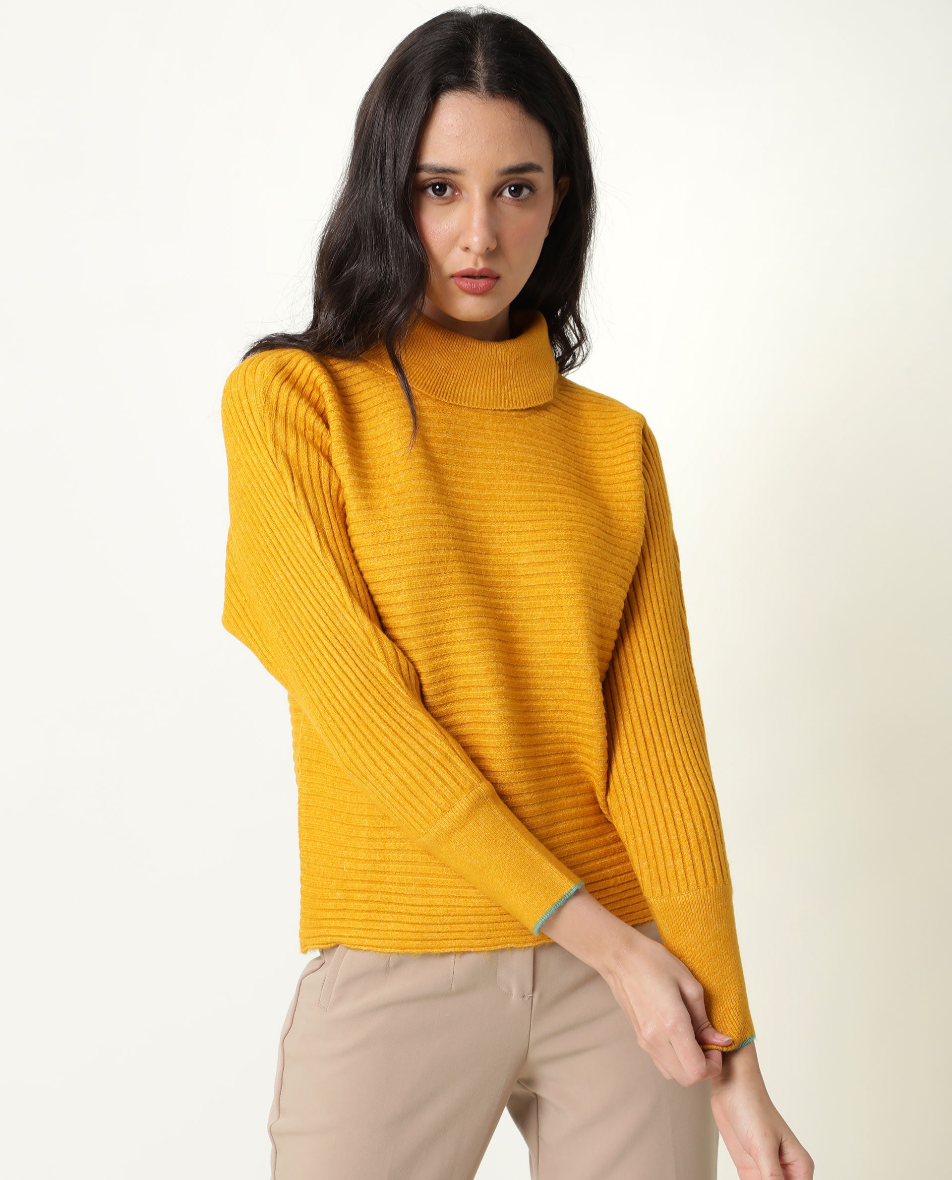 Rareism Women Levour Mustard Acrylic Fabric Full Sleeves Relaxed Fit Solid Turtle Neck Sweater