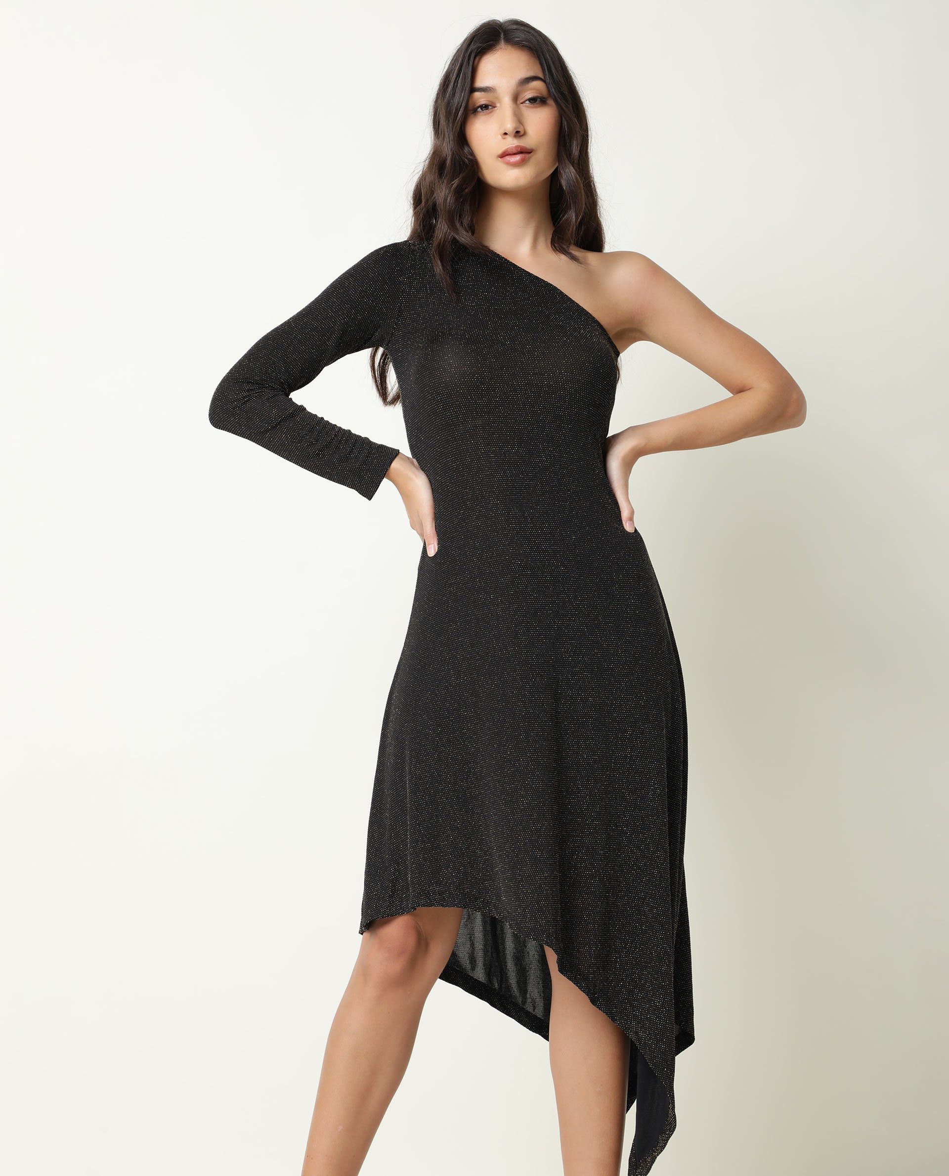 Rareism Women Lelani Black One Shoulder Full Sleeve Asymmetric Knee Length Dress