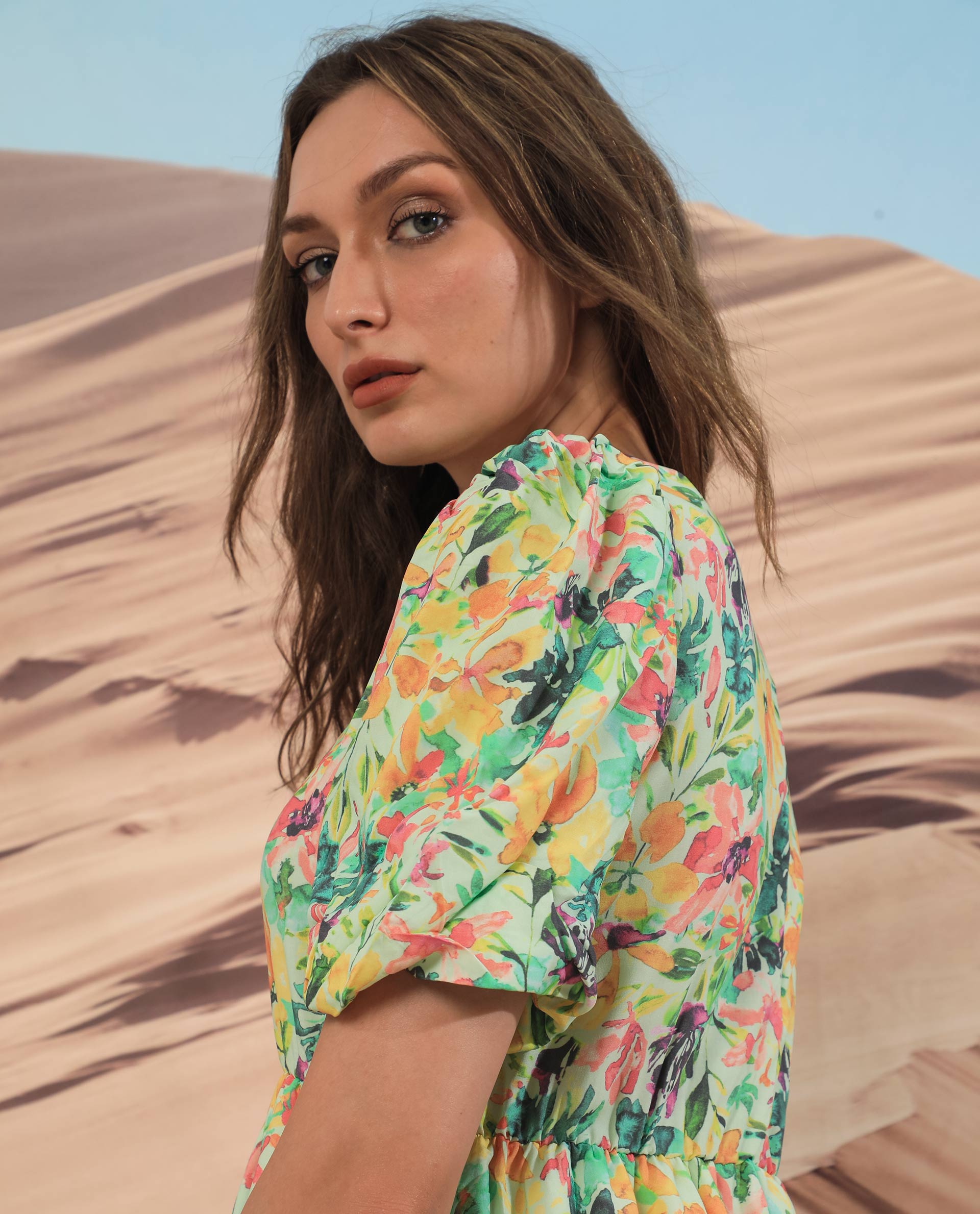 Rareism Women Erasea Multi Viscose Fabric Short Sleeves Round Neck Balloon Sleeve Relaxed Fit Floral Print Knee Length Dress