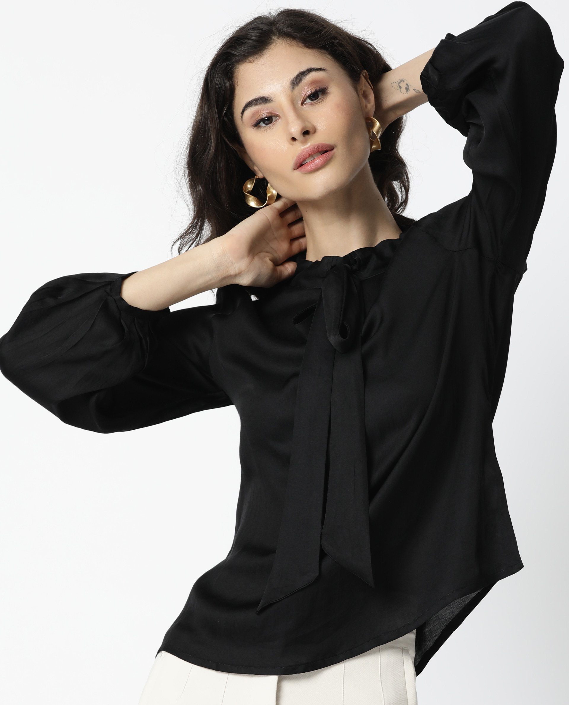 Rareism Women Sleek Black Top Full Sleeves Solid Top