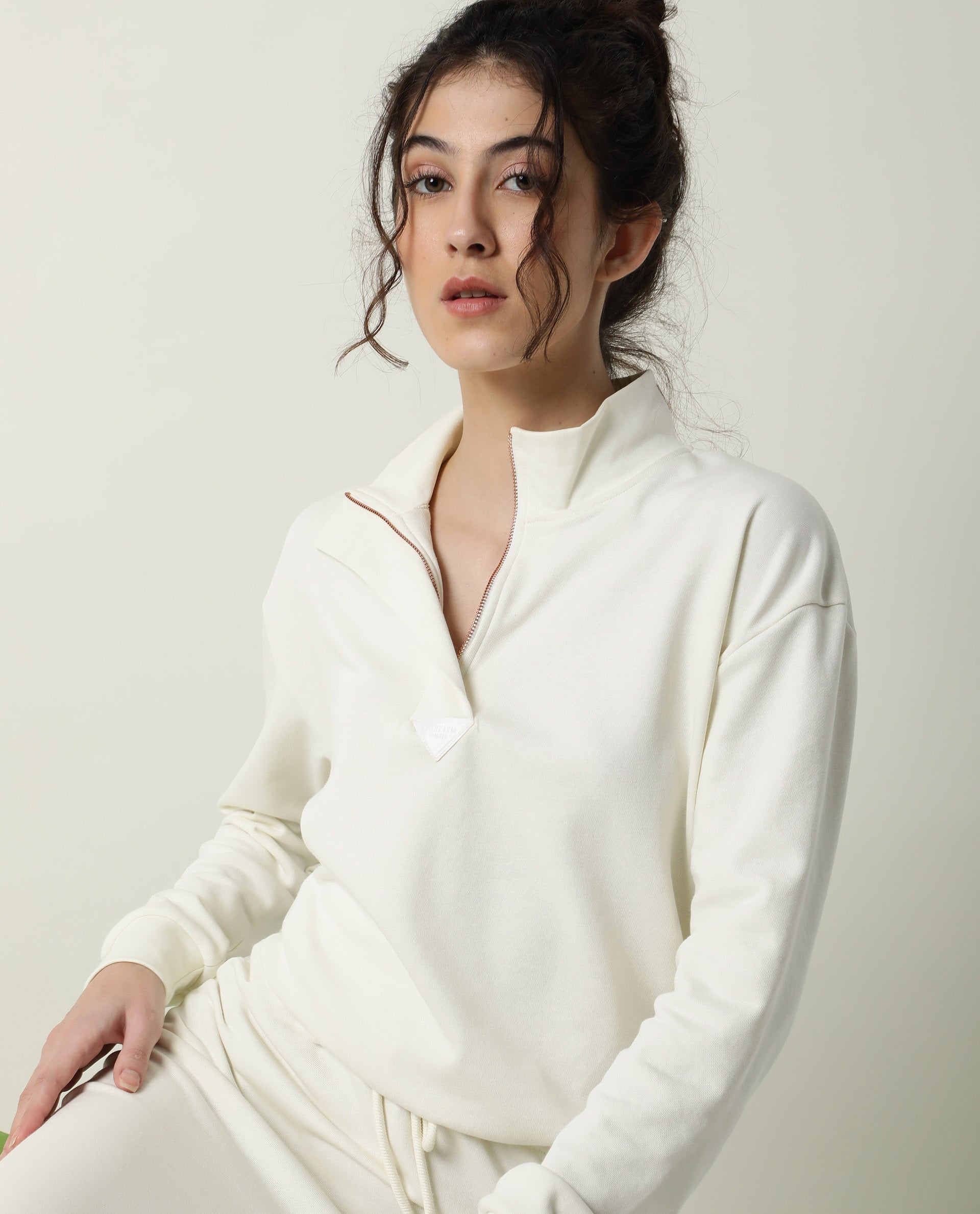 Rareism Women Taffy-1 Off White Relaxed Fit Full Sleeves Solid High Neck Sweatshirt