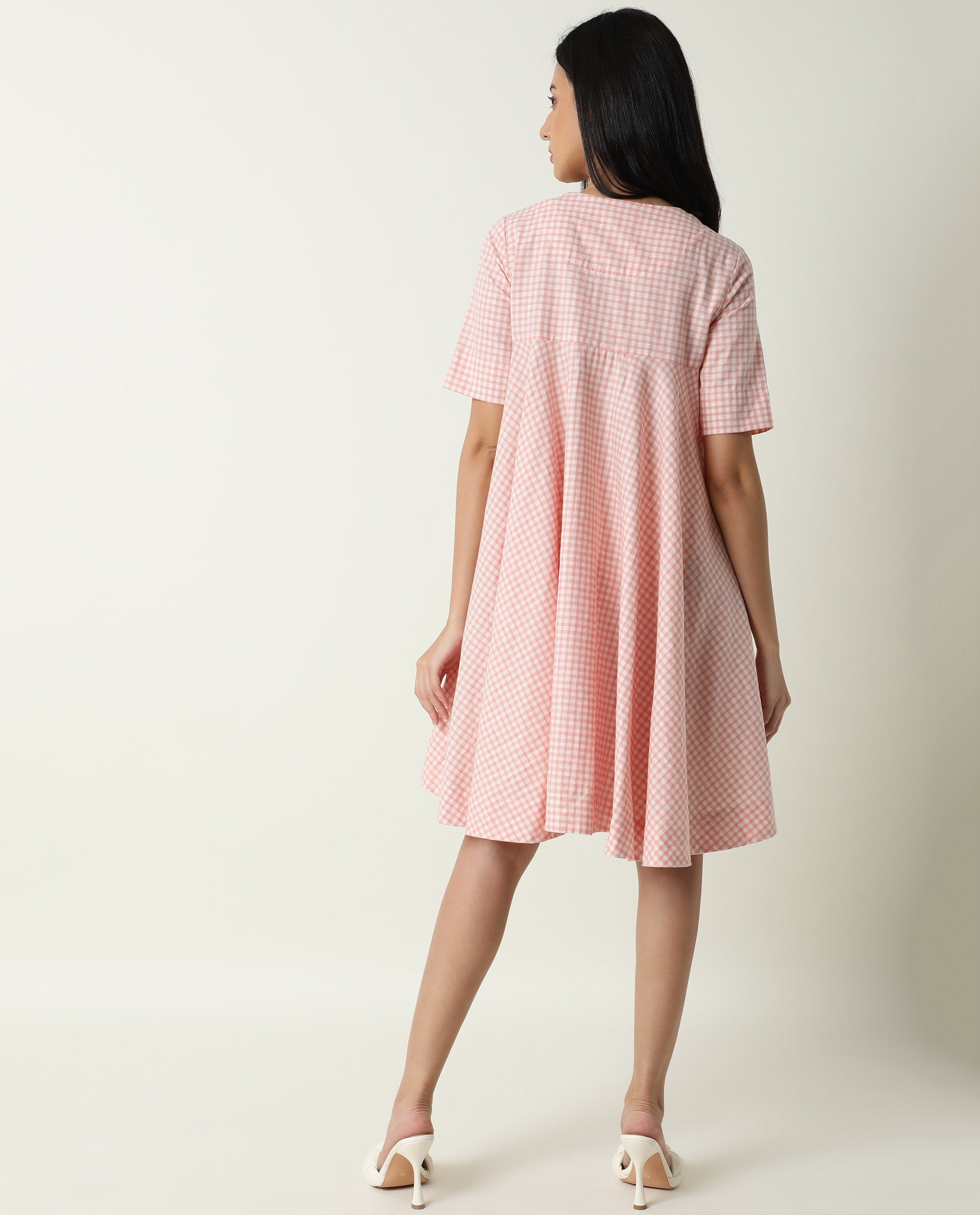 Rareism Women Paris Yellow Gingham Checks Overlap Lapel Collar Half Sleeves Mini Dress