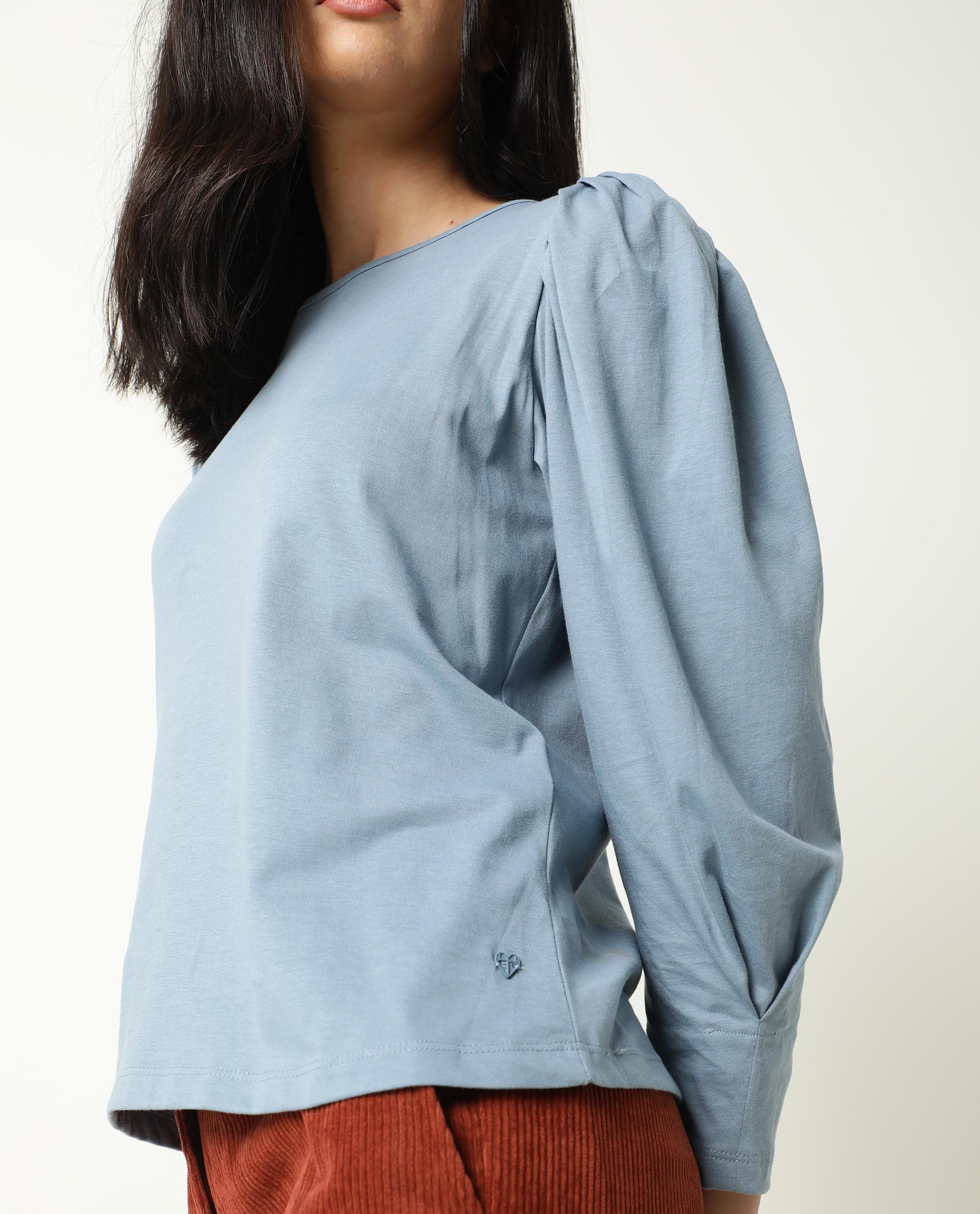 Rareism Women Ballerina Blue Cotton Fabric Regular Fit Knee Length Boat Neck 3/4Th Sleeves Solid Top