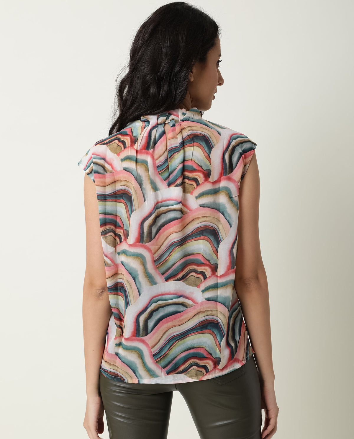Rareism Women Colette Multi Polyester Fabric Regular Fit High Neck Sleeveless Abstract Print Top