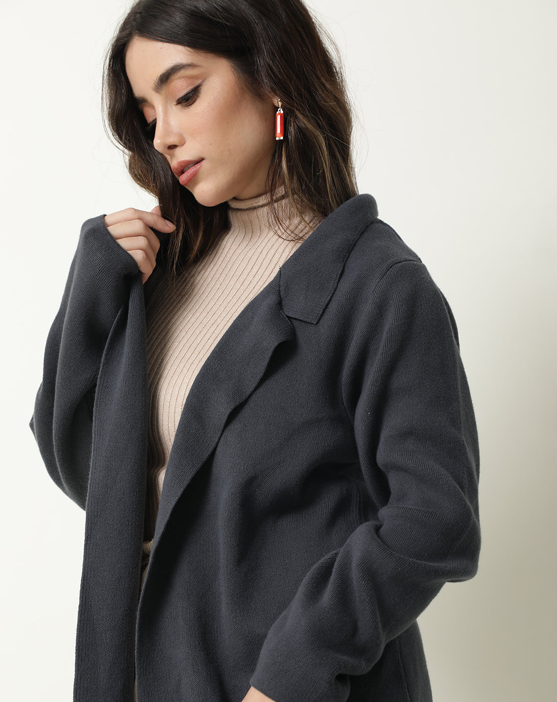 Rareism Women Trident Grey Cotton Fabric Full Sleeves Knee Length Regular Fit Solid Lapel Neck Sweater