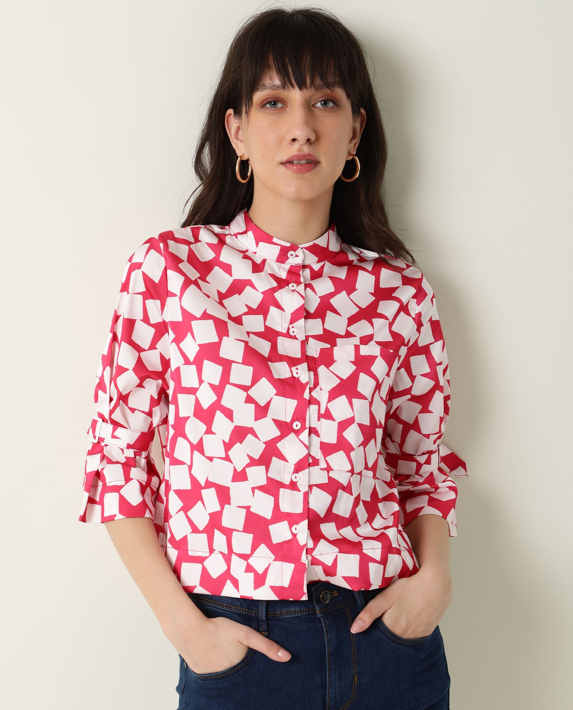 Rareism Women Seki Pink Modal Fabric Regular Sleeve High Neck Geometric Print Shirt