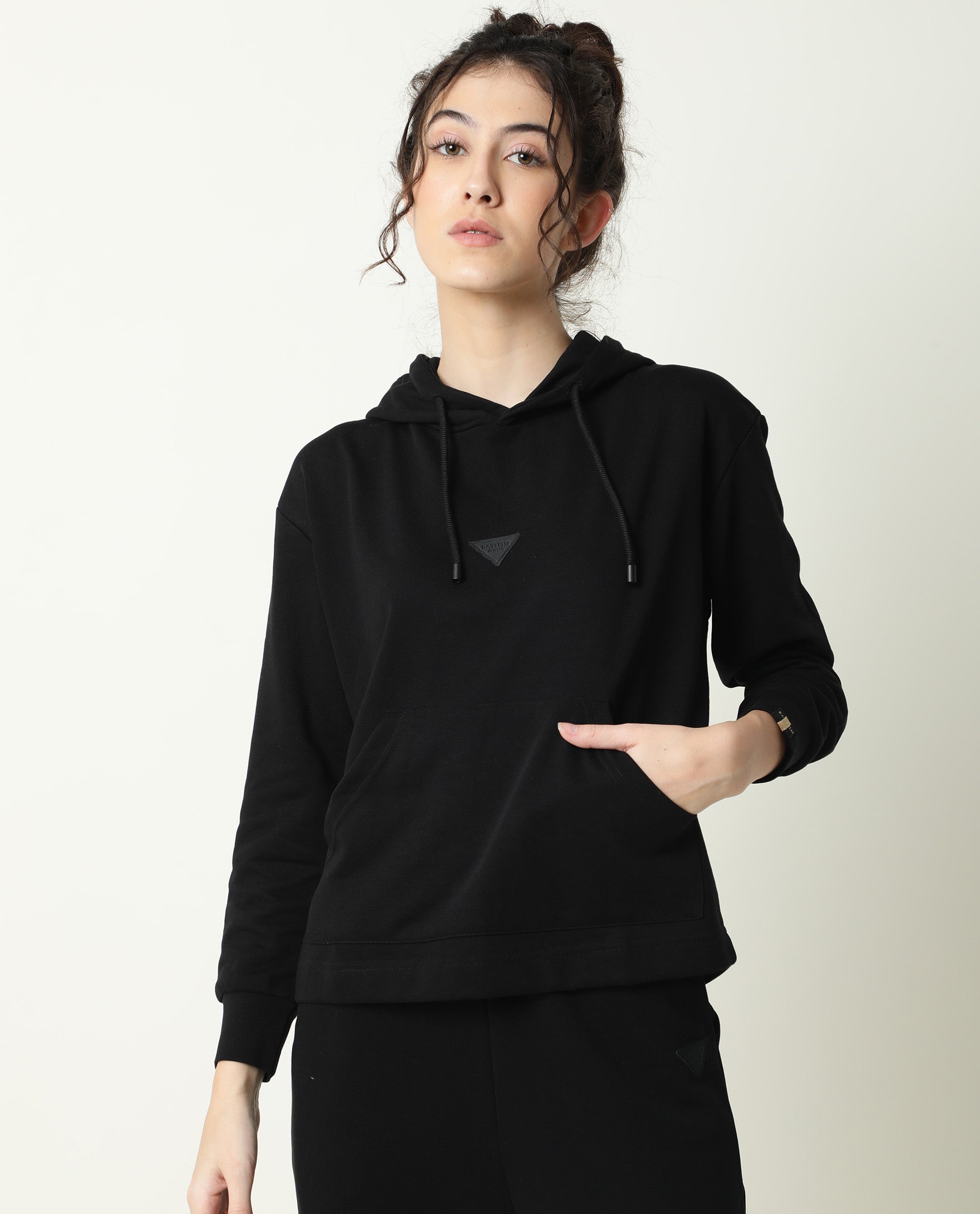 Rareism Women Wally-1 Black Cotton Poly Fabric Relaxed Fit Full Sleeves Solid Hooded Sweatshirt
