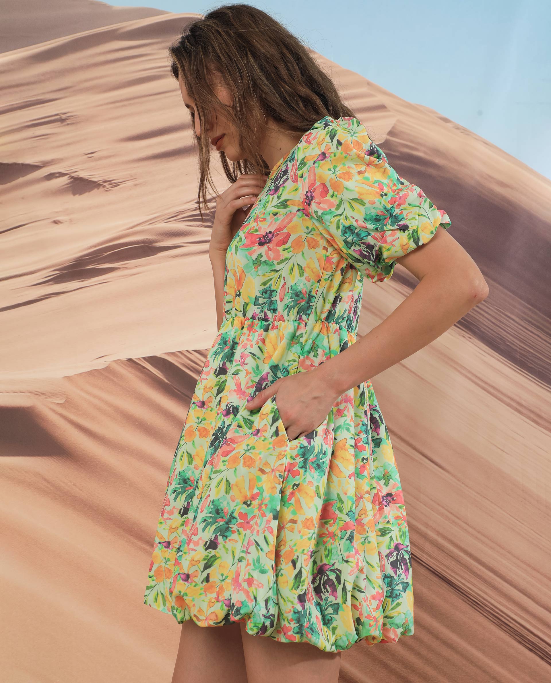 Rareism Women Erasea Multi Viscose Fabric Short Sleeves Round Neck Balloon Sleeve Relaxed Fit Floral Print Knee Length Dress