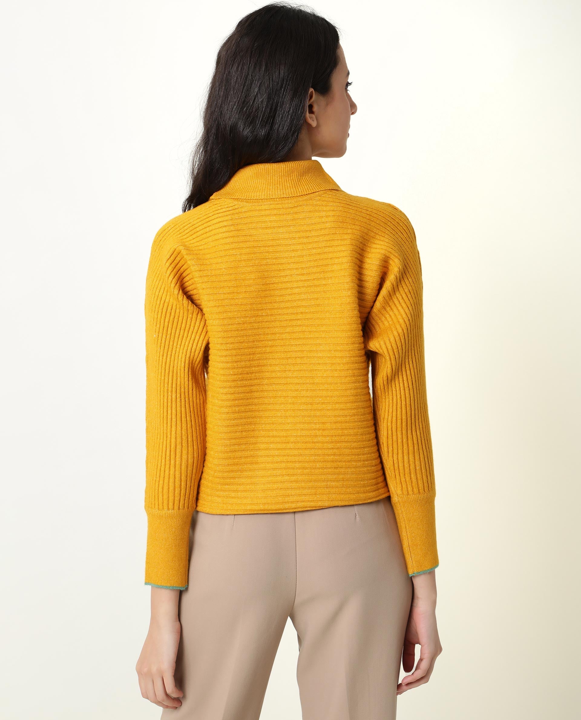 Rareism Women Levour Mustard Acrylic Fabric Full Sleeves Relaxed Fit Solid Turtle Neck Sweater