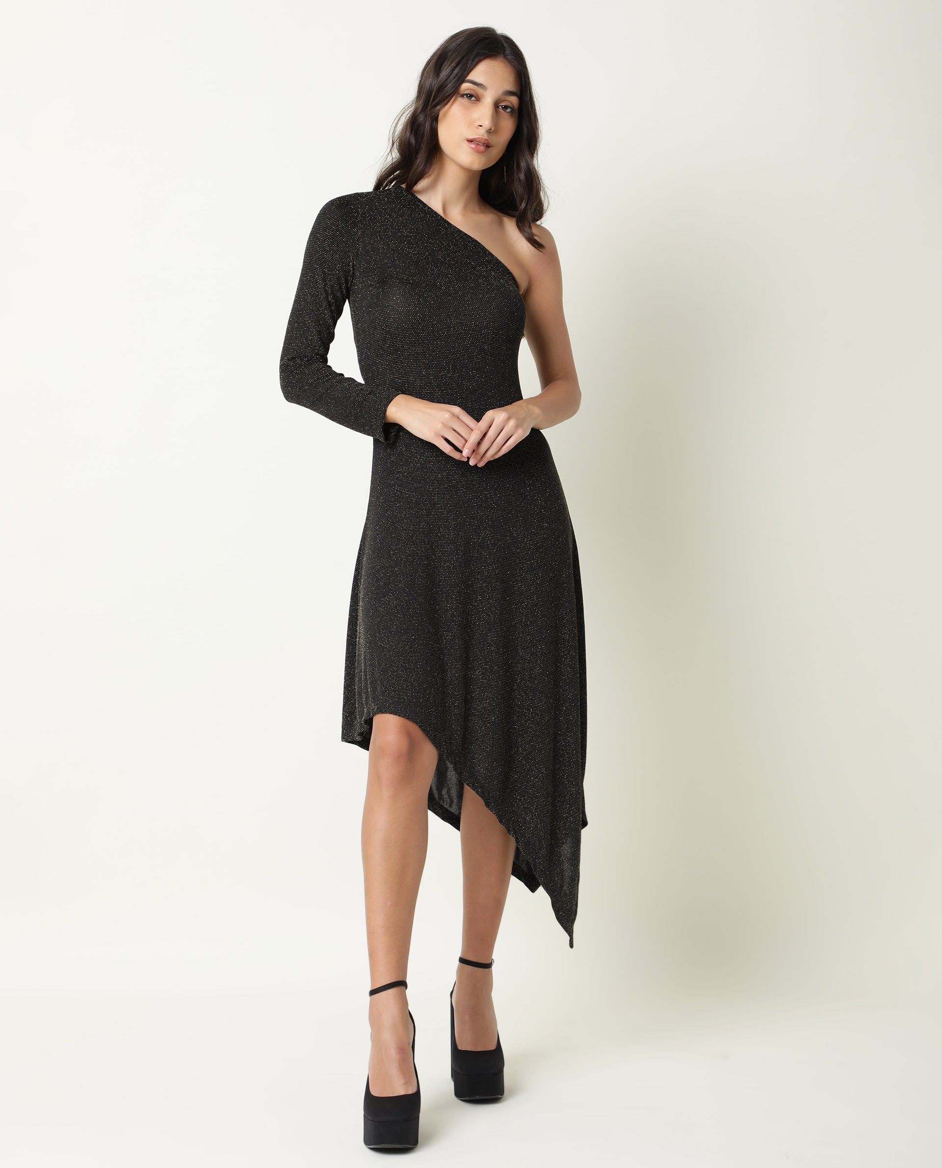 Rareism Women Lelani Black One Shoulder Full Sleeve Asymmetric Knee Length Dress