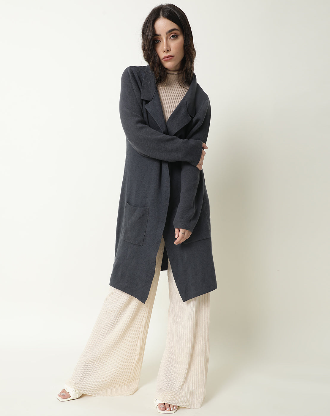 Rareism Women Trident Grey Cotton Fabric Full Sleeves Knee Length Regular Fit Solid Lapel Neck Sweater