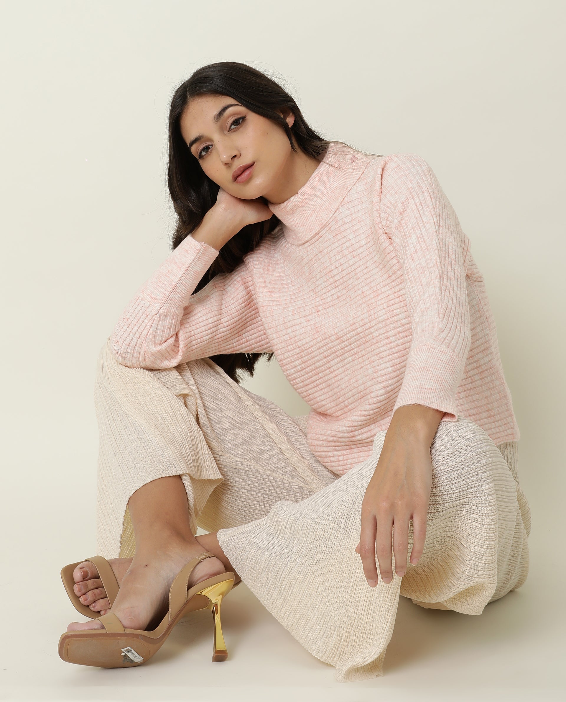 Rareism Women Levour Melange Pink Acrylic Fabric Full Sleeves Relaxed Fit Solid Turtle Neck Sweater