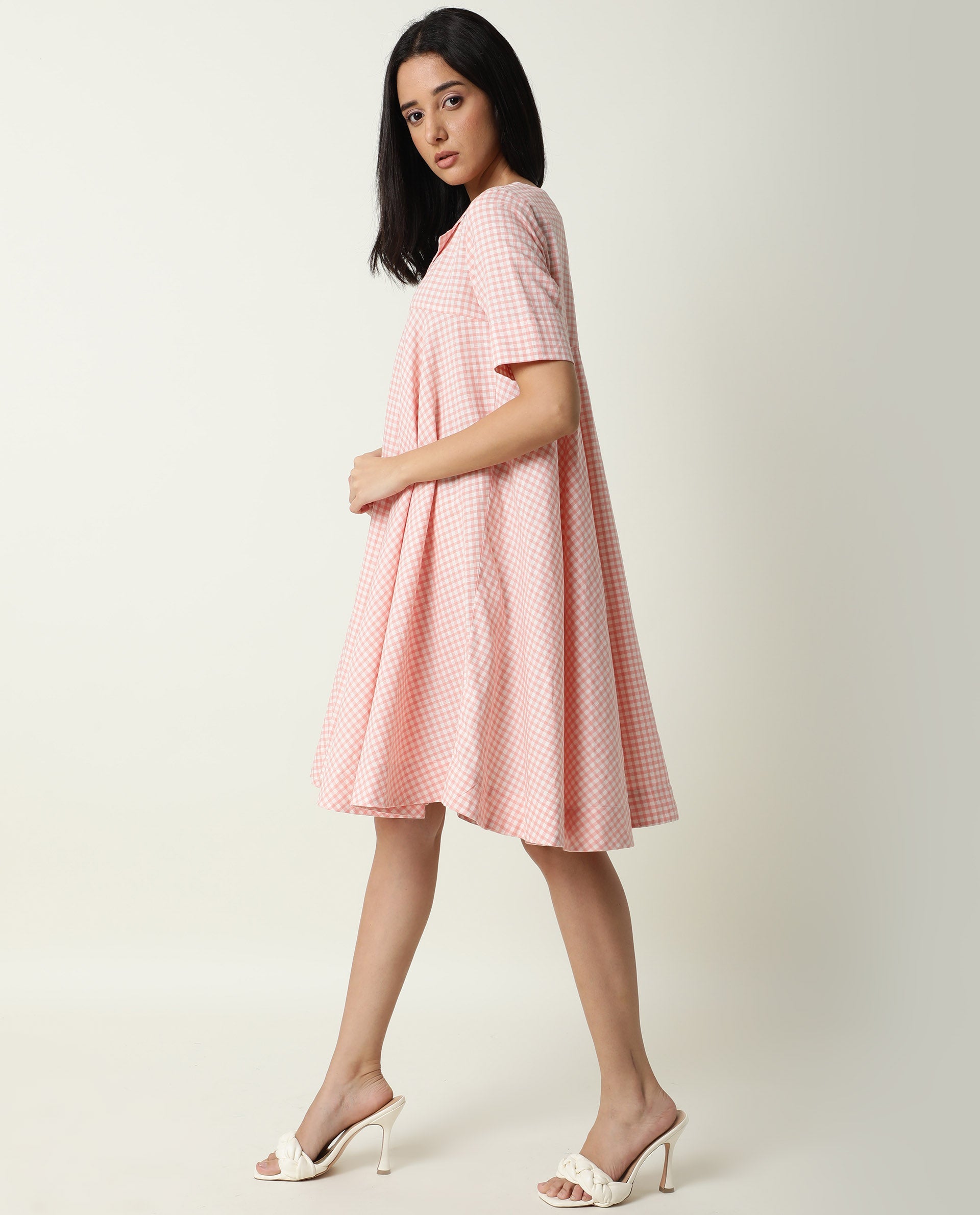 Rareism Women Paris Yellow Gingham Checks Overlap Lapel Collar Half Sleeves Mini Dress