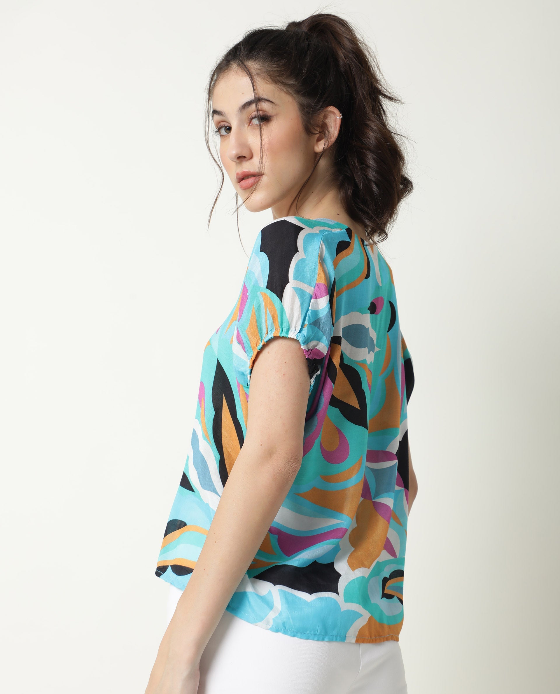 Rareism Women Maverick Multi Cotton Silk Fabric Relaxed Fit V-Neck Half Sleeves Abstract Print Top