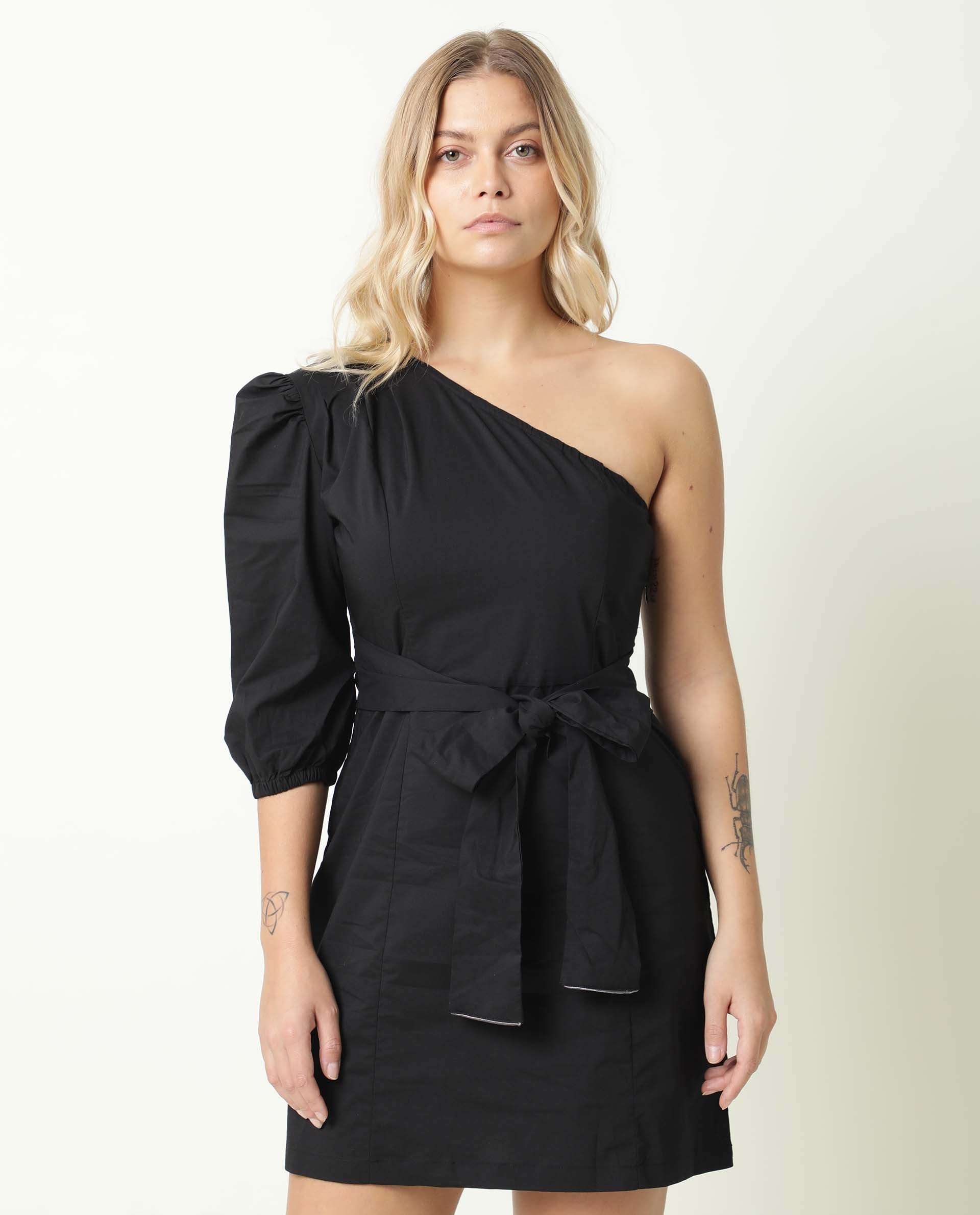 Rareism Women Floris Black One Shoulder Puffed Sleeve Fabric Tie Up Belt Mini Dress
