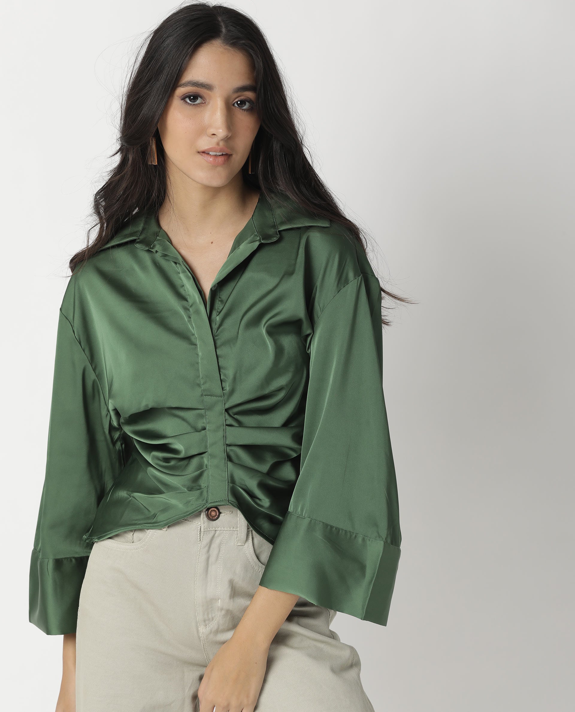 Rareism Womens Zomat Green Top Modal Fabric Regular Fit Bell Sleeves Collared Neck