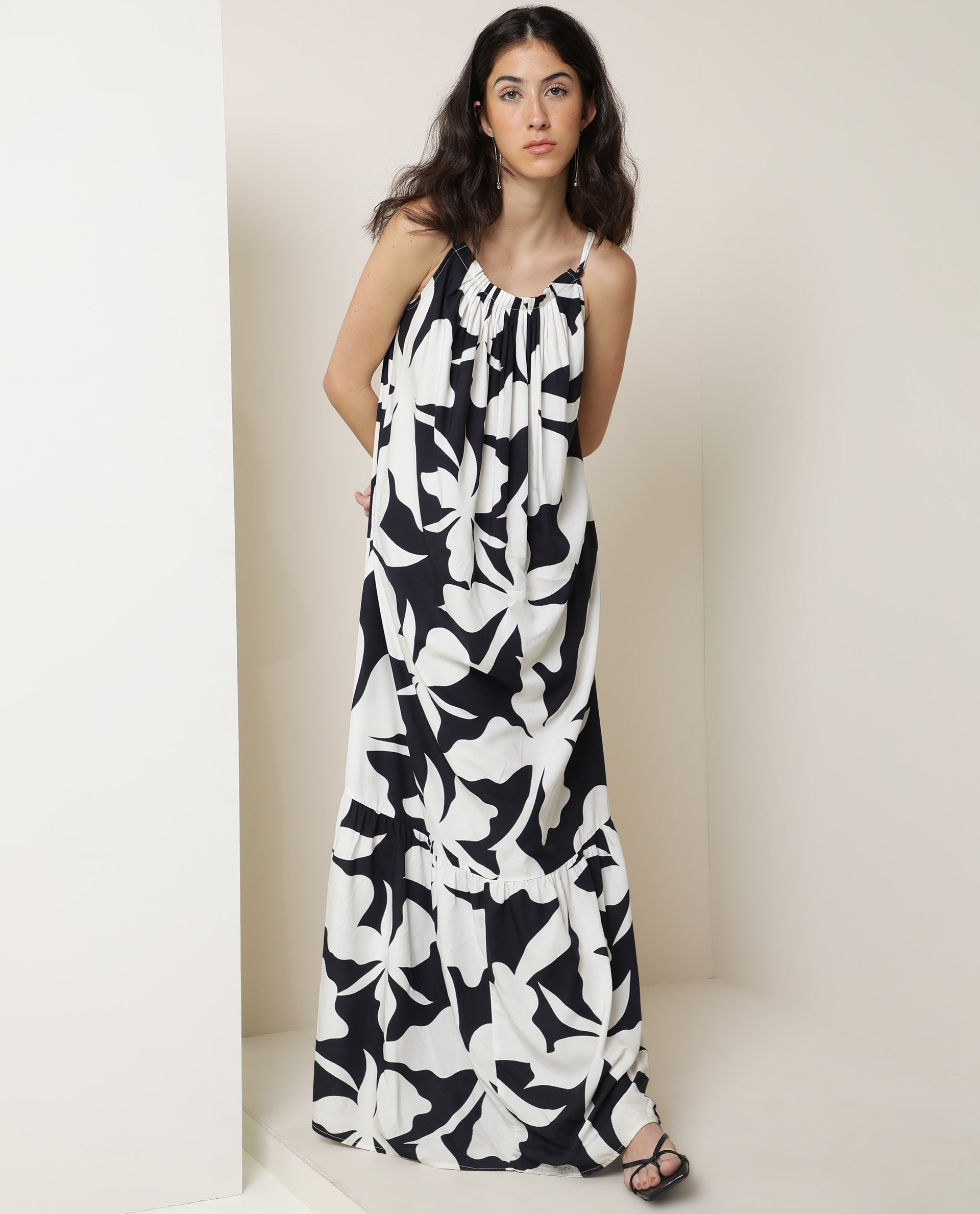 Rareism Women Zahara Black Viscose Fabric Sleeveless Shoulder Straps Regular Fit Floral Print Knee Length Tiered Dress