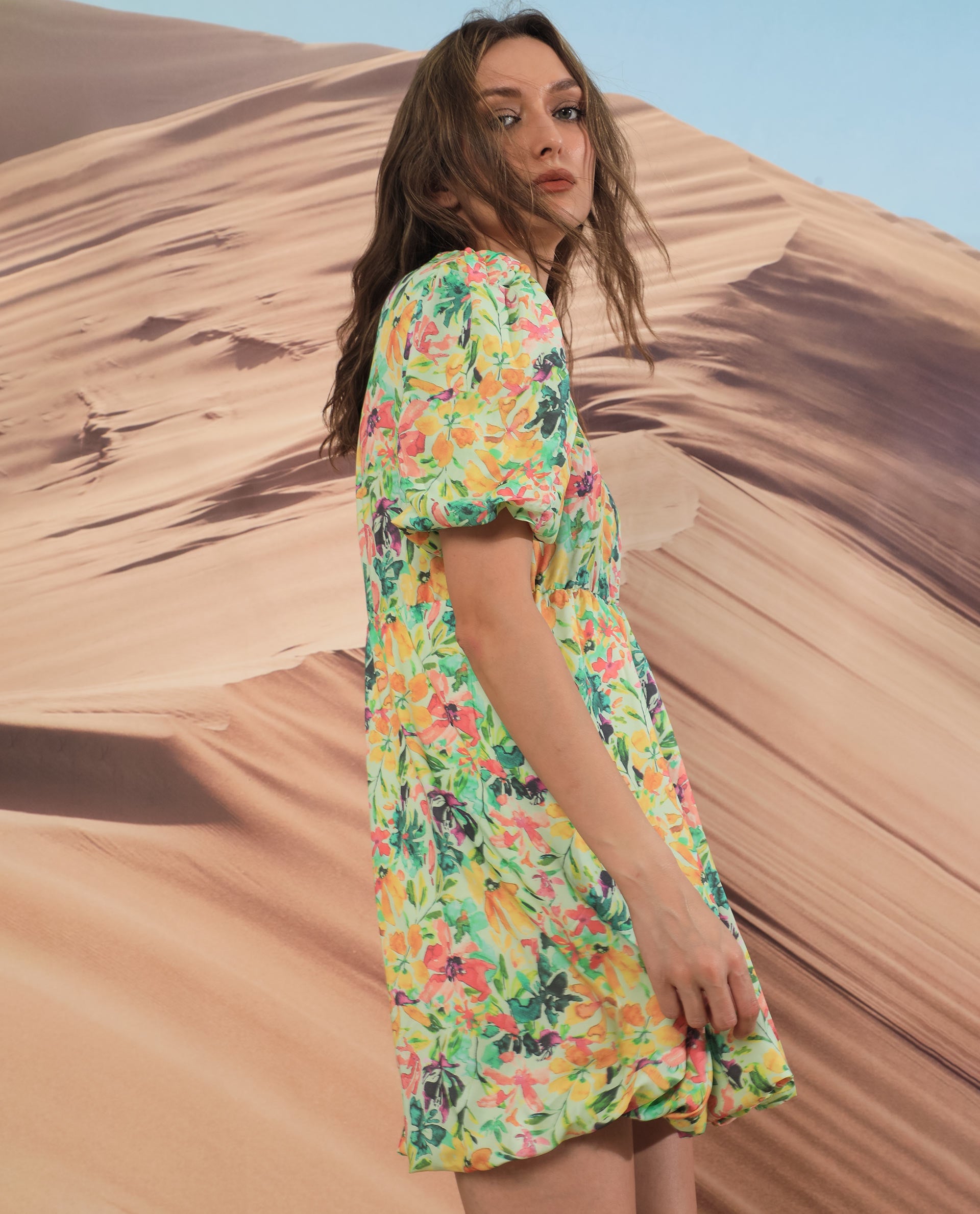 Rareism Women Erasea Multi Viscose Fabric Short Sleeves Round Neck Balloon Sleeve Relaxed Fit Floral Print Knee Length Dress