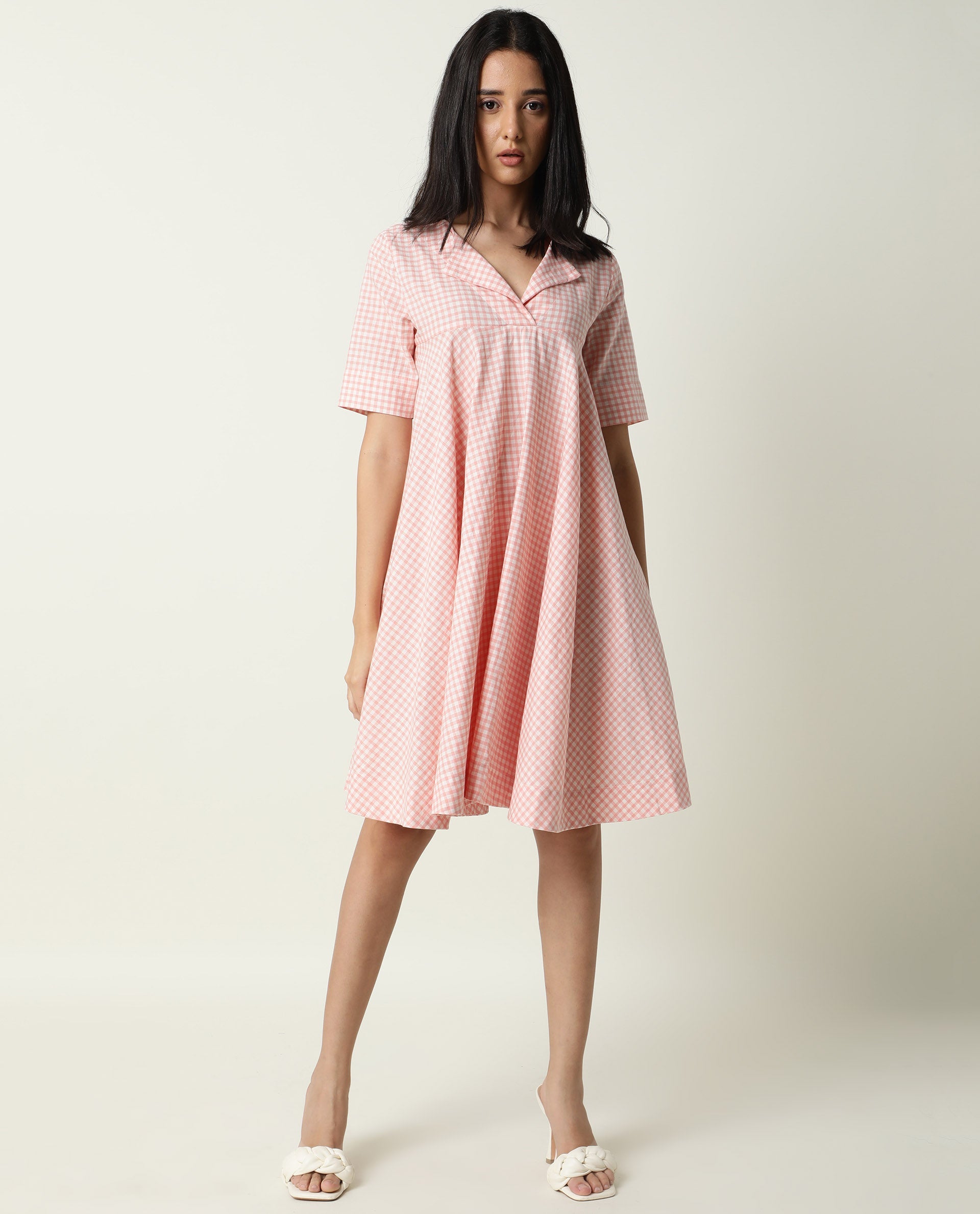 Rareism Women Paris Yellow Gingham Checks Overlap Lapel Collar Half Sleeves Mini Dress