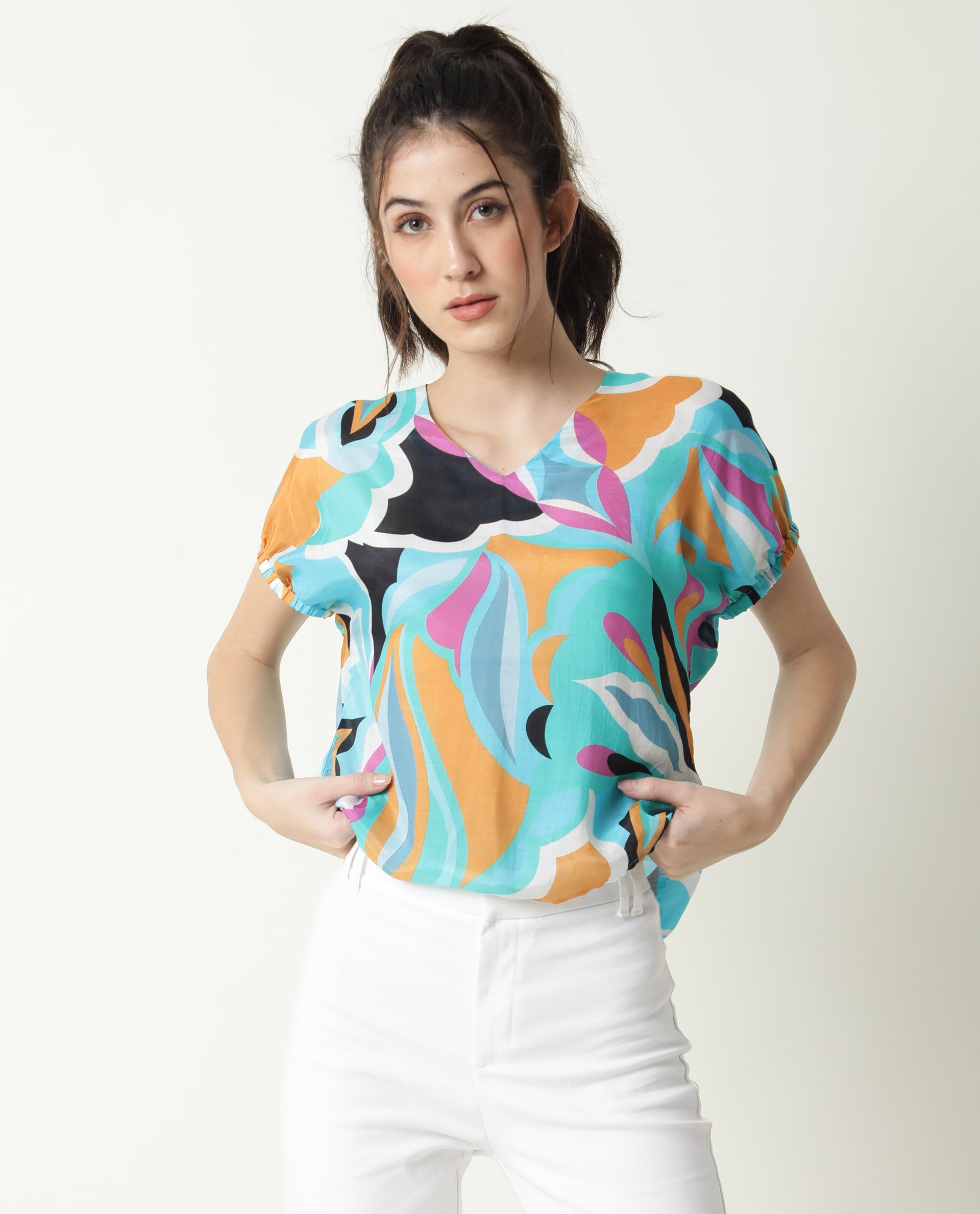 Rareism Women Maverick Multi Cotton Silk Fabric Relaxed Fit V-Neck Half Sleeves Abstract Print Top