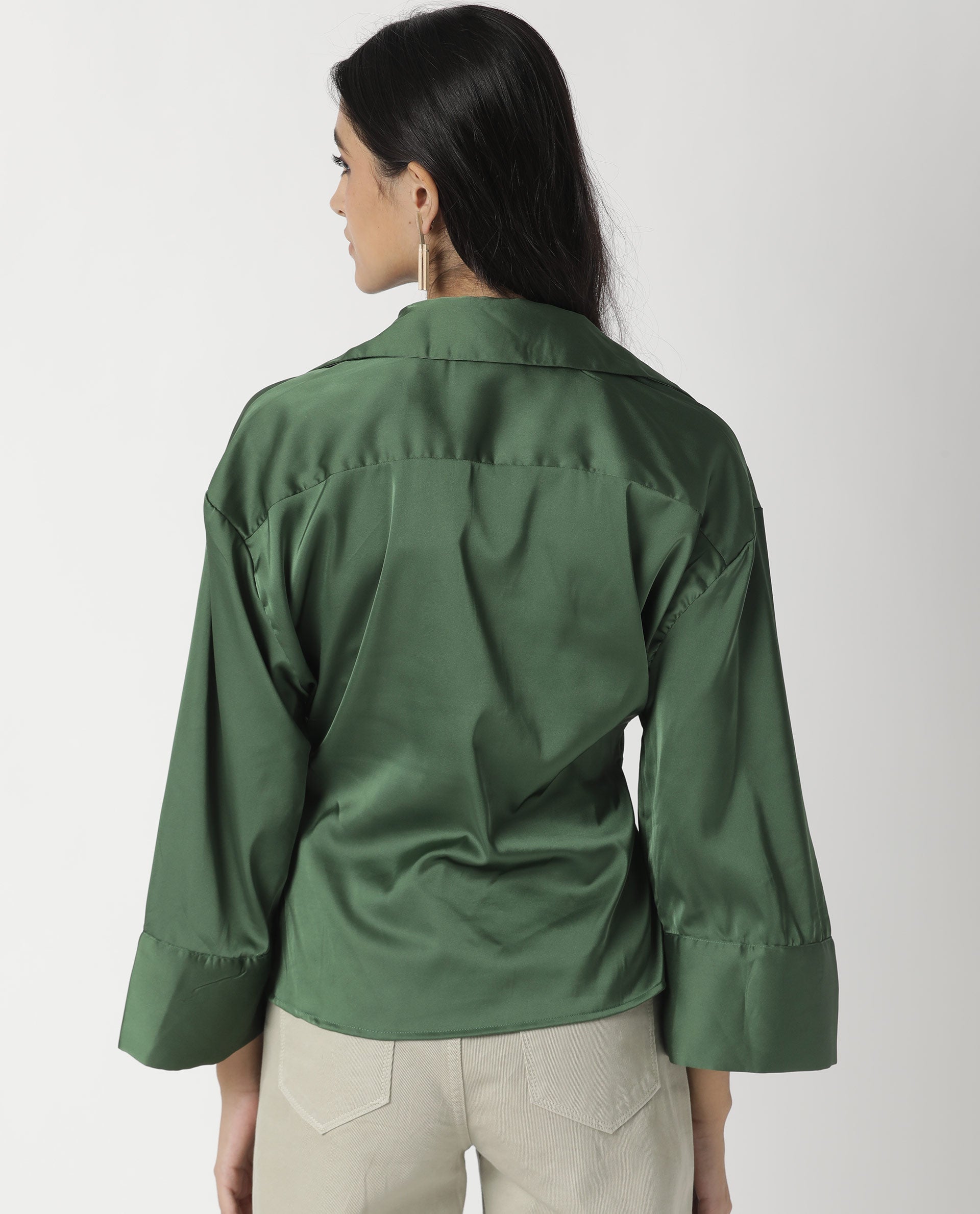 Rareism Womens Zomat Green Top Modal Fabric Regular Fit Bell Sleeves Collared Neck