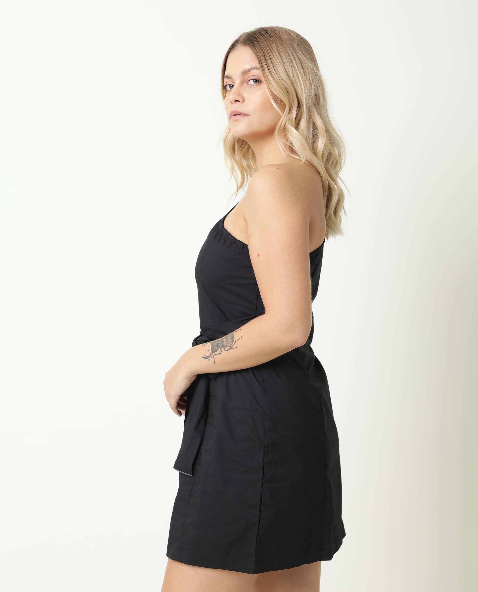 Rareism Women Floris Black One Shoulder Puffed Sleeve Fabric Tie Up Belt Mini Dress