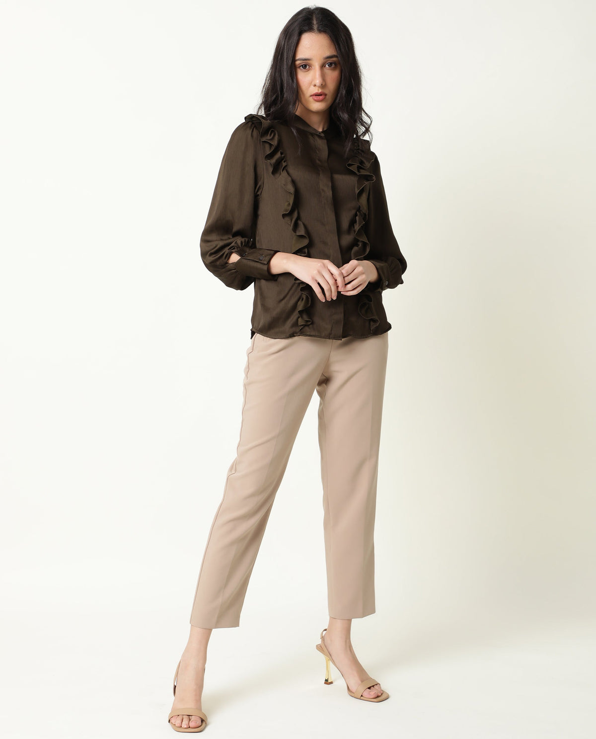 Rareism Womens Chamomile Olive Top Polyester Fabric Fit Regular Sleeves Mandarin Neck