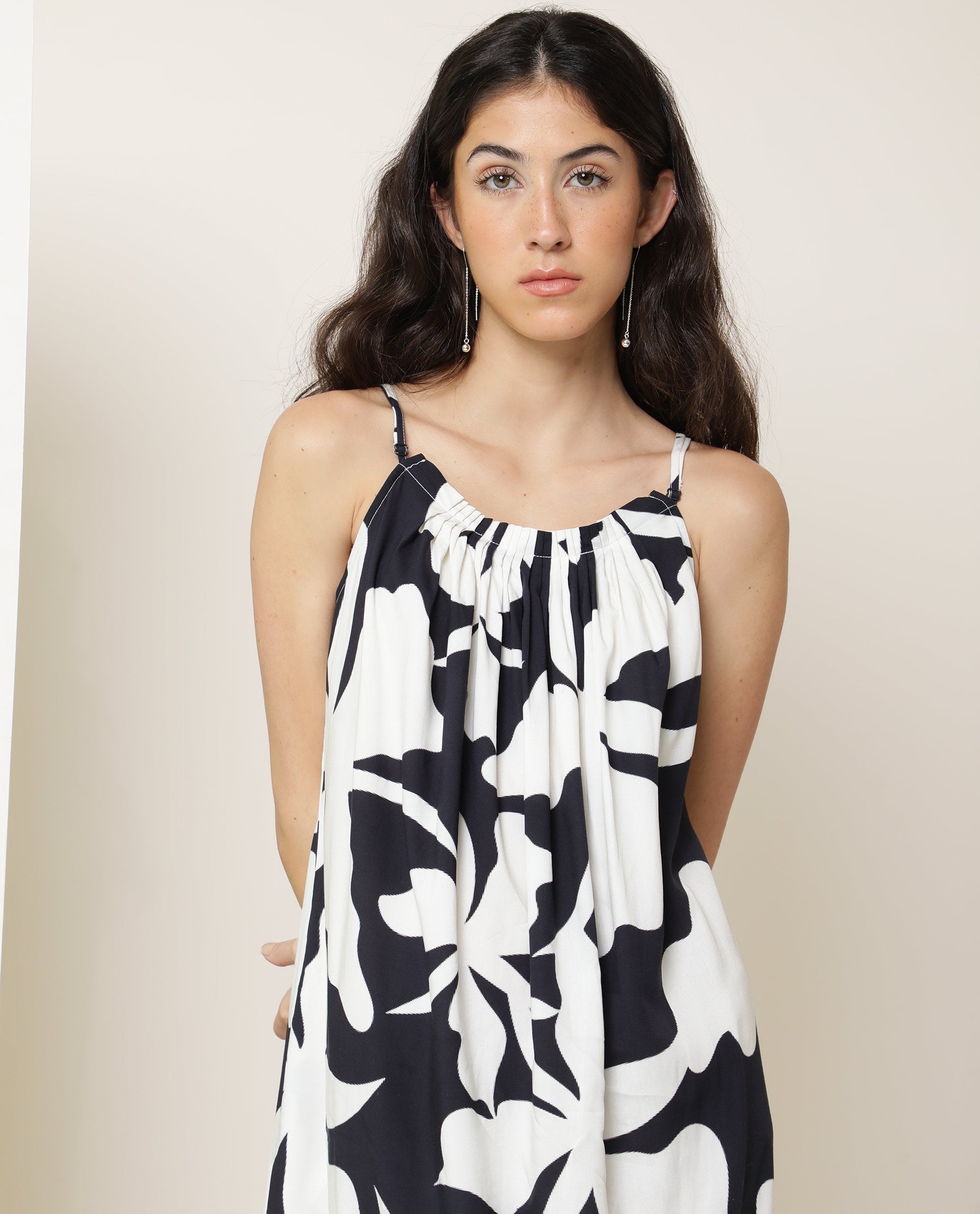 Rareism Women Zahara Black Viscose Fabric Sleeveless Shoulder Straps Regular Fit Floral Print Knee Length Tiered Dress