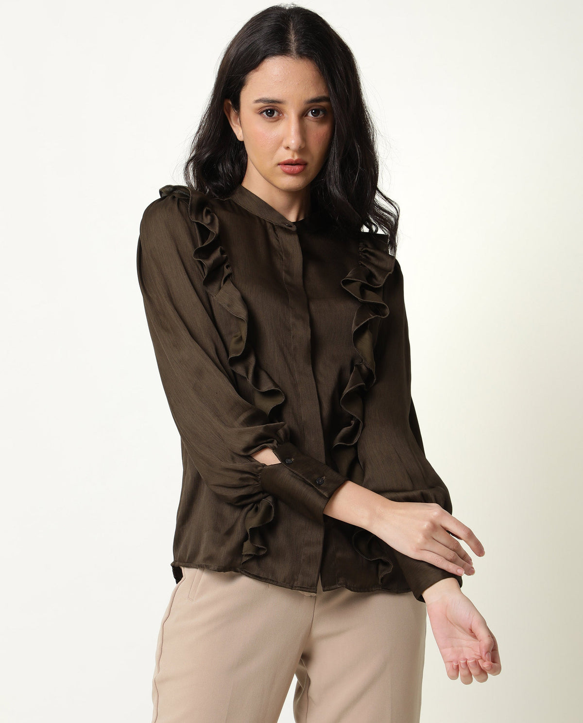 Rareism Womens Chamomile Olive Top Polyester Fabric Fit Regular Sleeves Mandarin Neck
