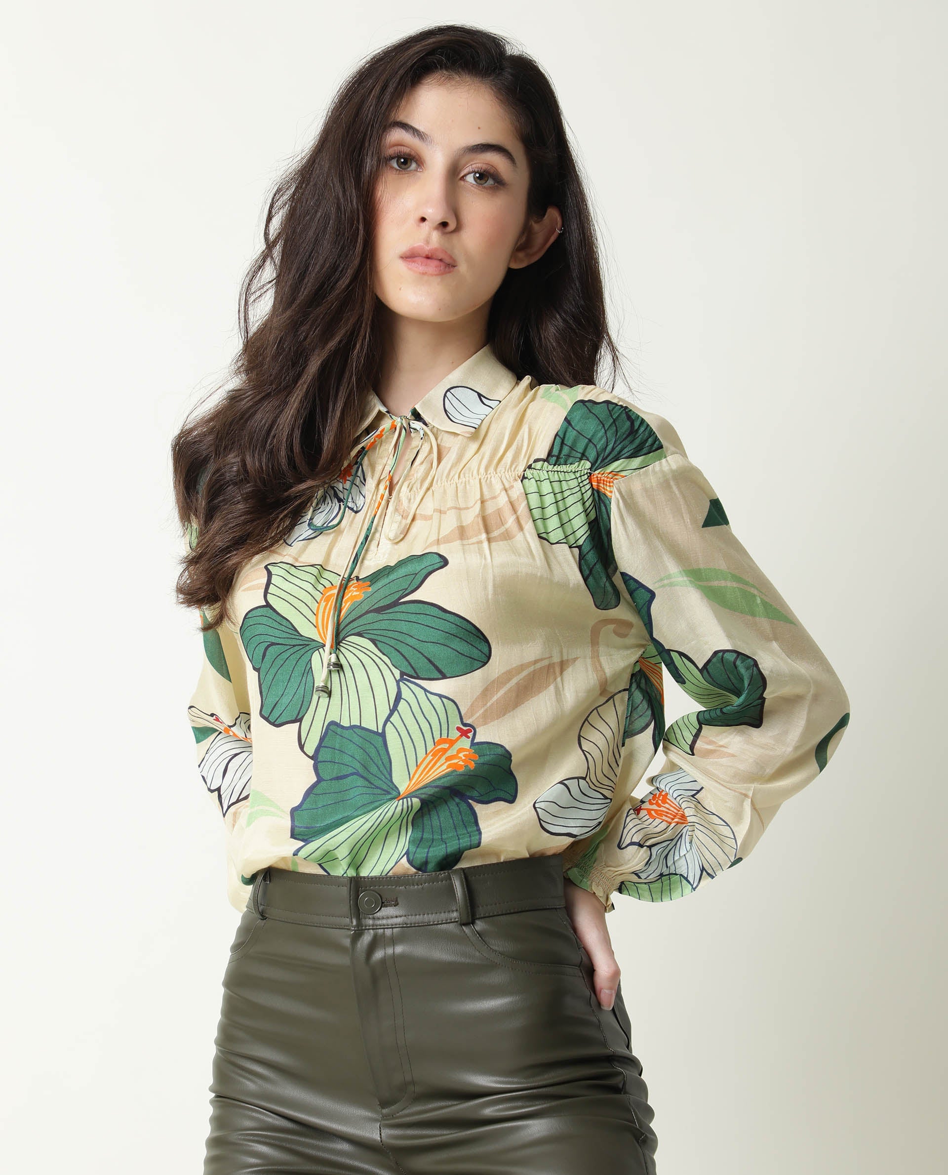 Rareism Womens Kalina Off White Top Cotton Silk Fabric Full Sleeve Key Hole Neck