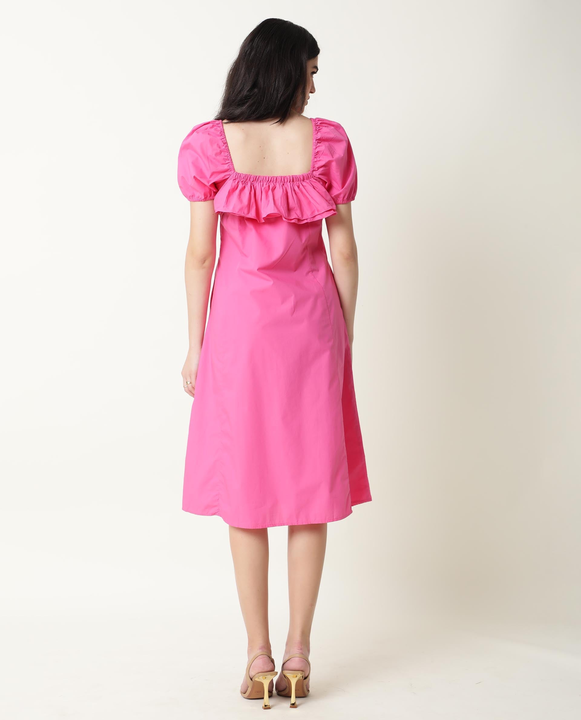Rareism Women Varsi Pink Square Neck Puff Sleeves Ruffle At The Neck With Pockets Midi Dress