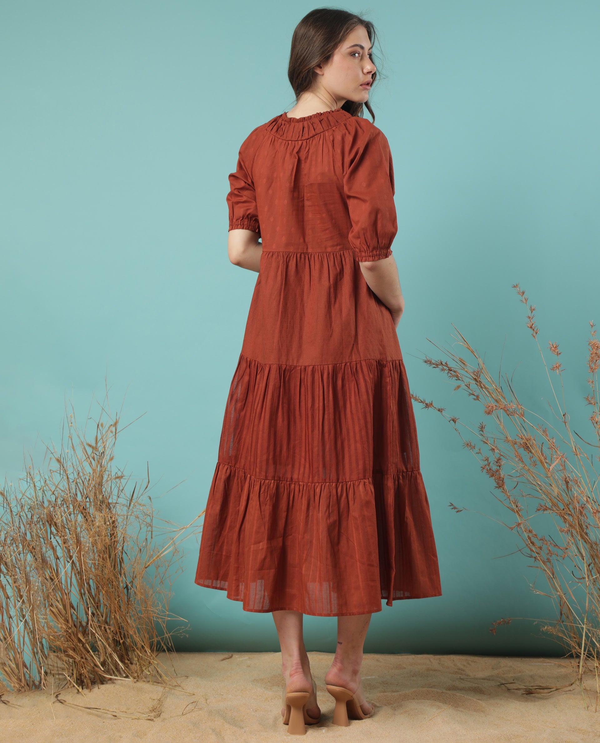 Rareism Women Myle Brown Gathered Neck With Front Tie Up Puff Sleeves And Pockets Tiered Maxi Dress