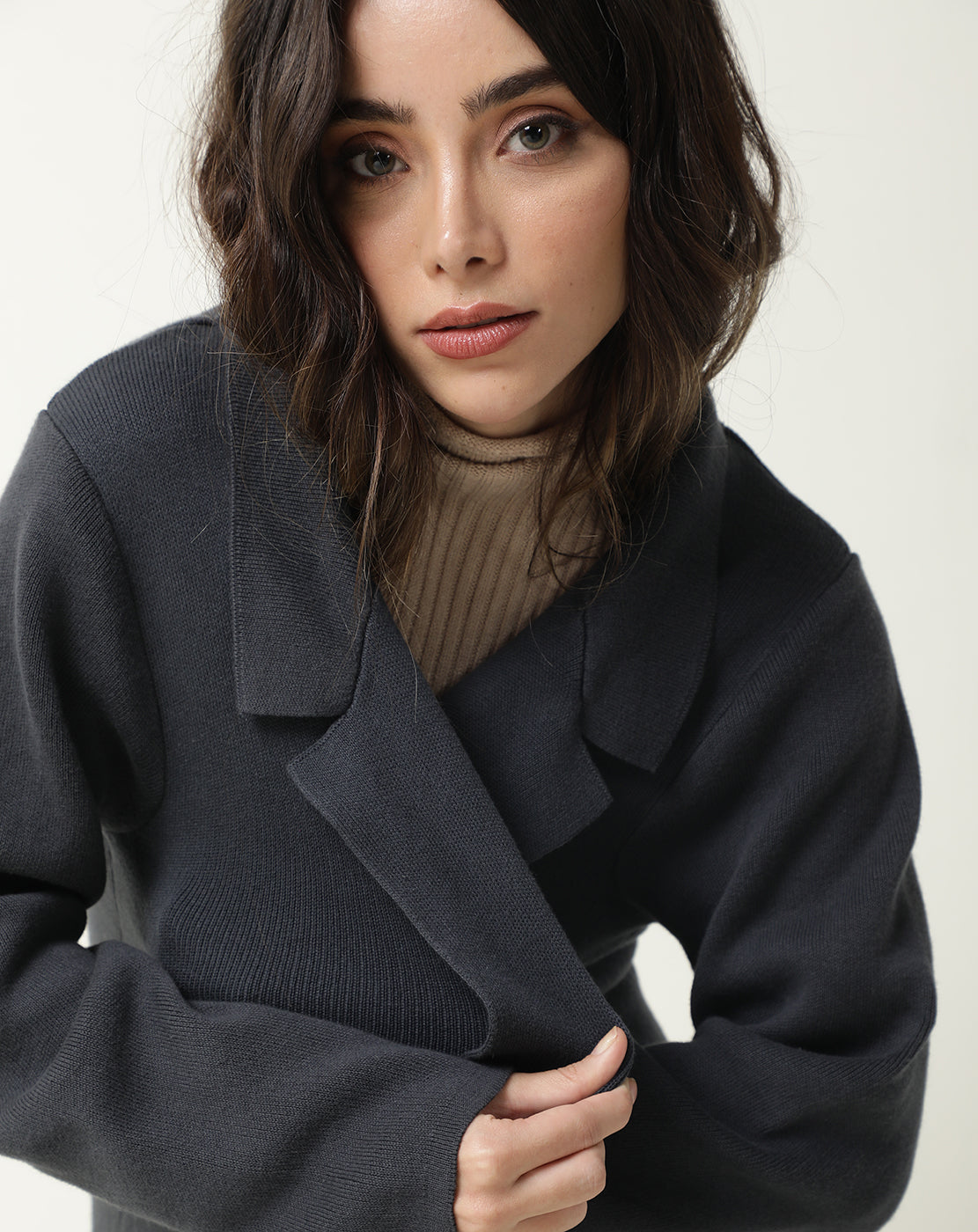 Rareism Women Trident Grey Cotton Fabric Full Sleeves Knee Length Regular Fit Solid Lapel Neck Sweater