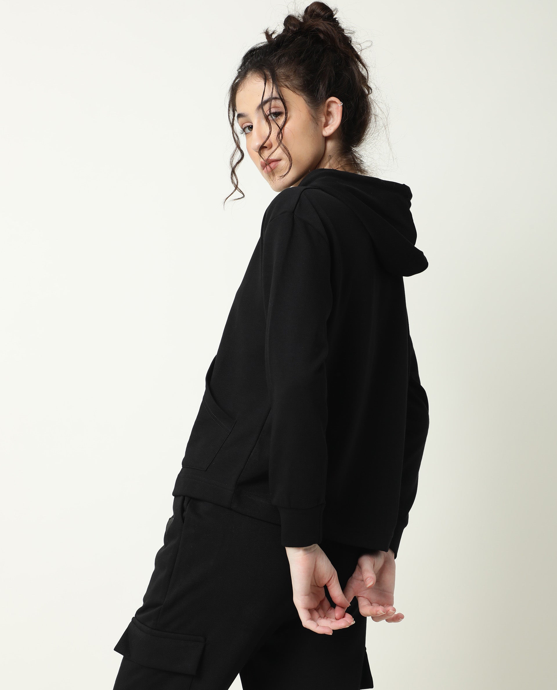 Rareism Women Wally-1 Black Cotton Poly Fabric Relaxed Fit Full Sleeves Solid Hooded Sweatshirt
