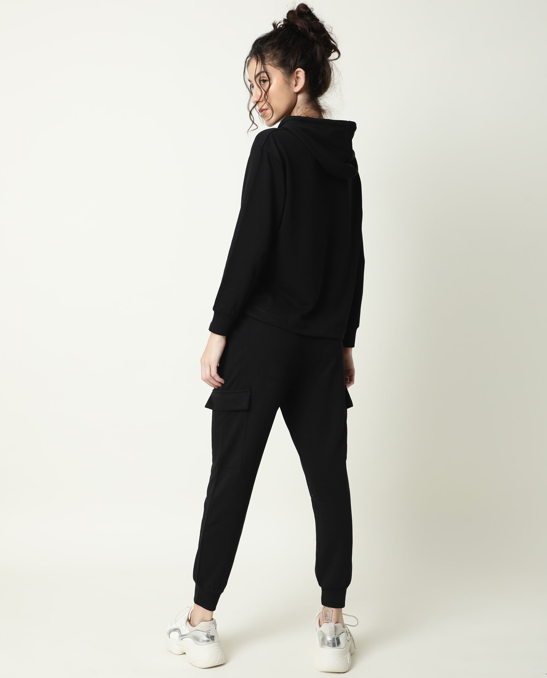 Rareism Women Wally-1 Black Cotton Poly Fabric Relaxed Fit Full Sleeves Solid Hooded Sweatshirt