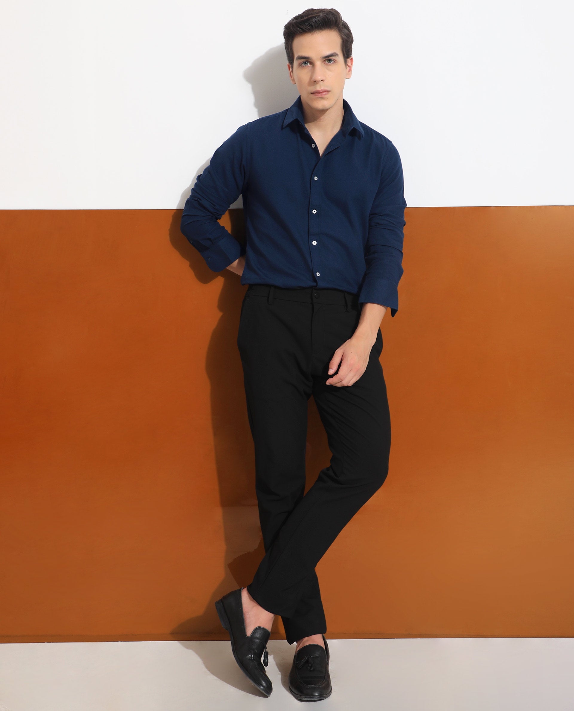 Rare Rabbit Mens Otago Navy Cotton Fabric Full Sleeves Regular Fit Solid Twill Shirt