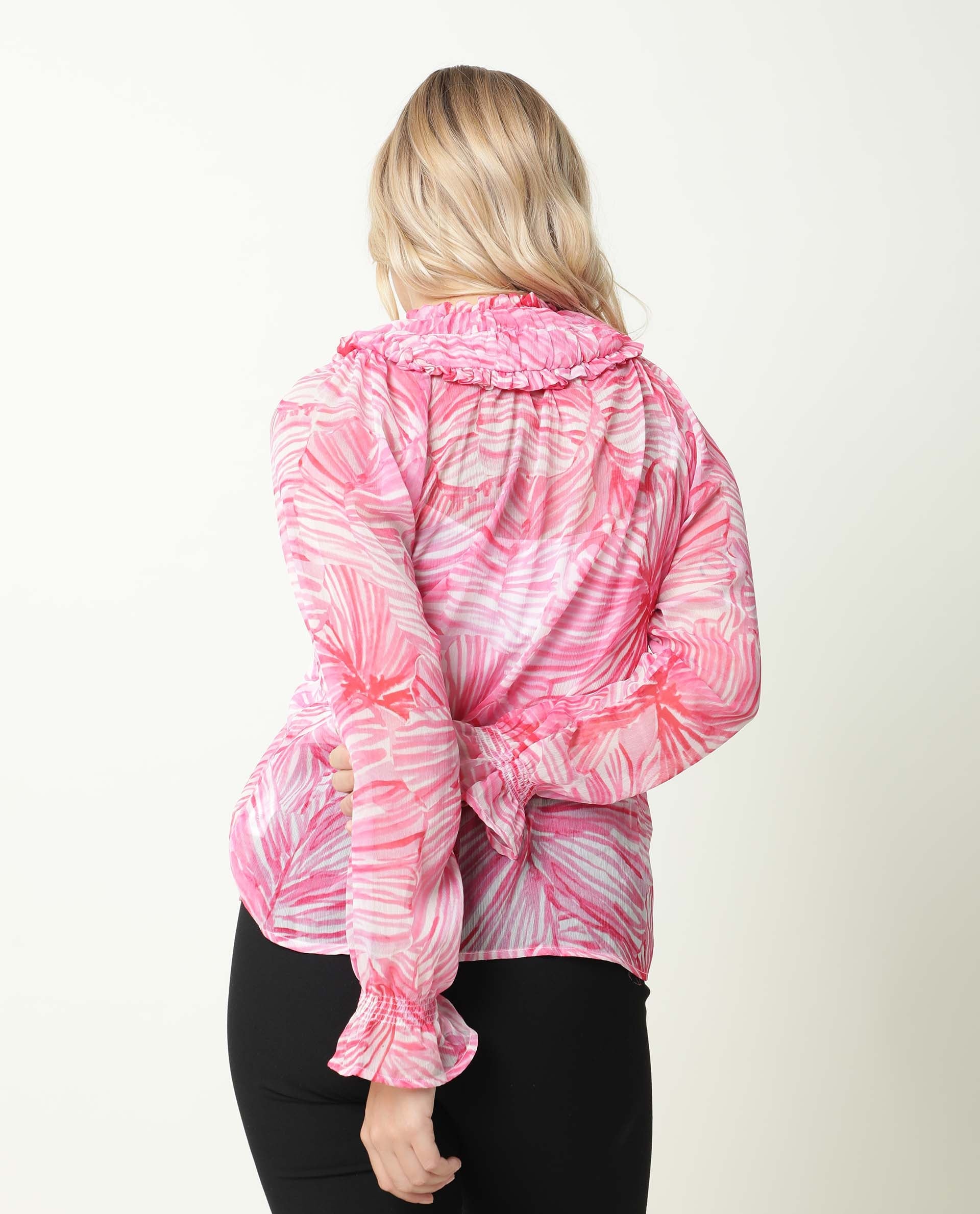 Rareism Womens Tonal Pink Top Viscose Fabric Regular Fit Balloon Sleeve Ruffled Neck