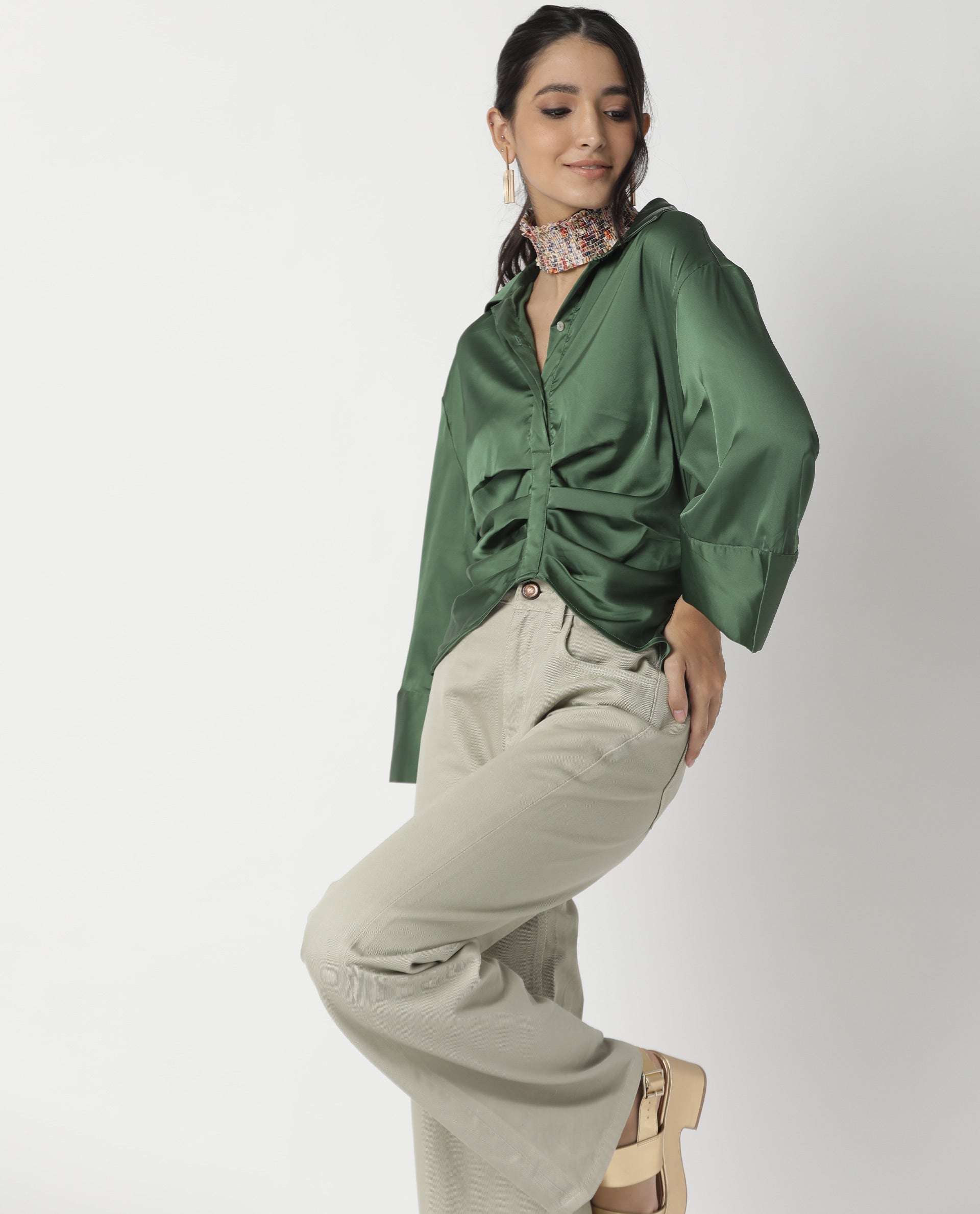 Rareism Womens Zomat Green Top Modal Fabric Regular Fit Bell Sleeves Collared Neck