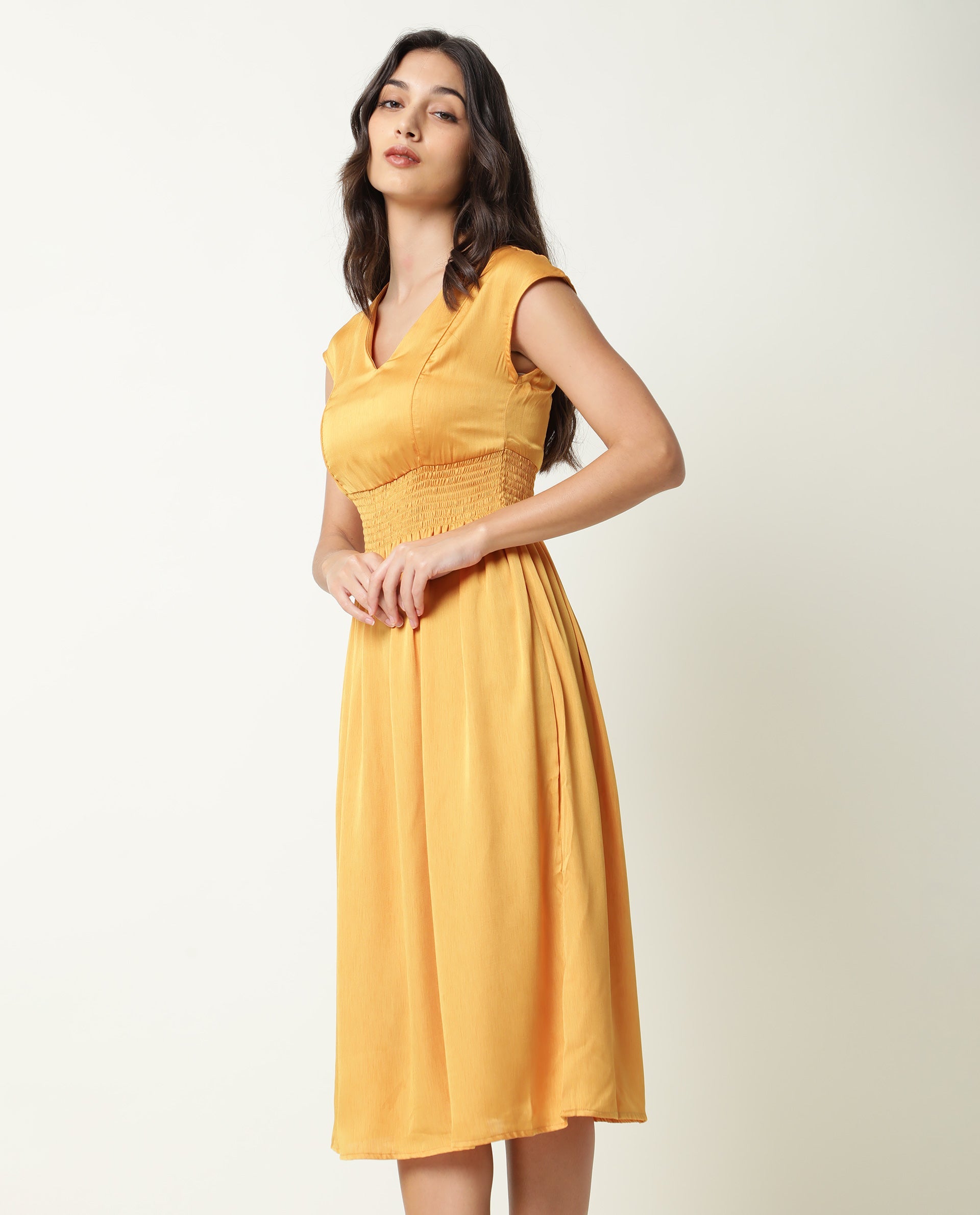 Rareism Women Milux Mustard V Neck Calf Sleeves Smocked Elastic Waist Belt Knee Length Dress